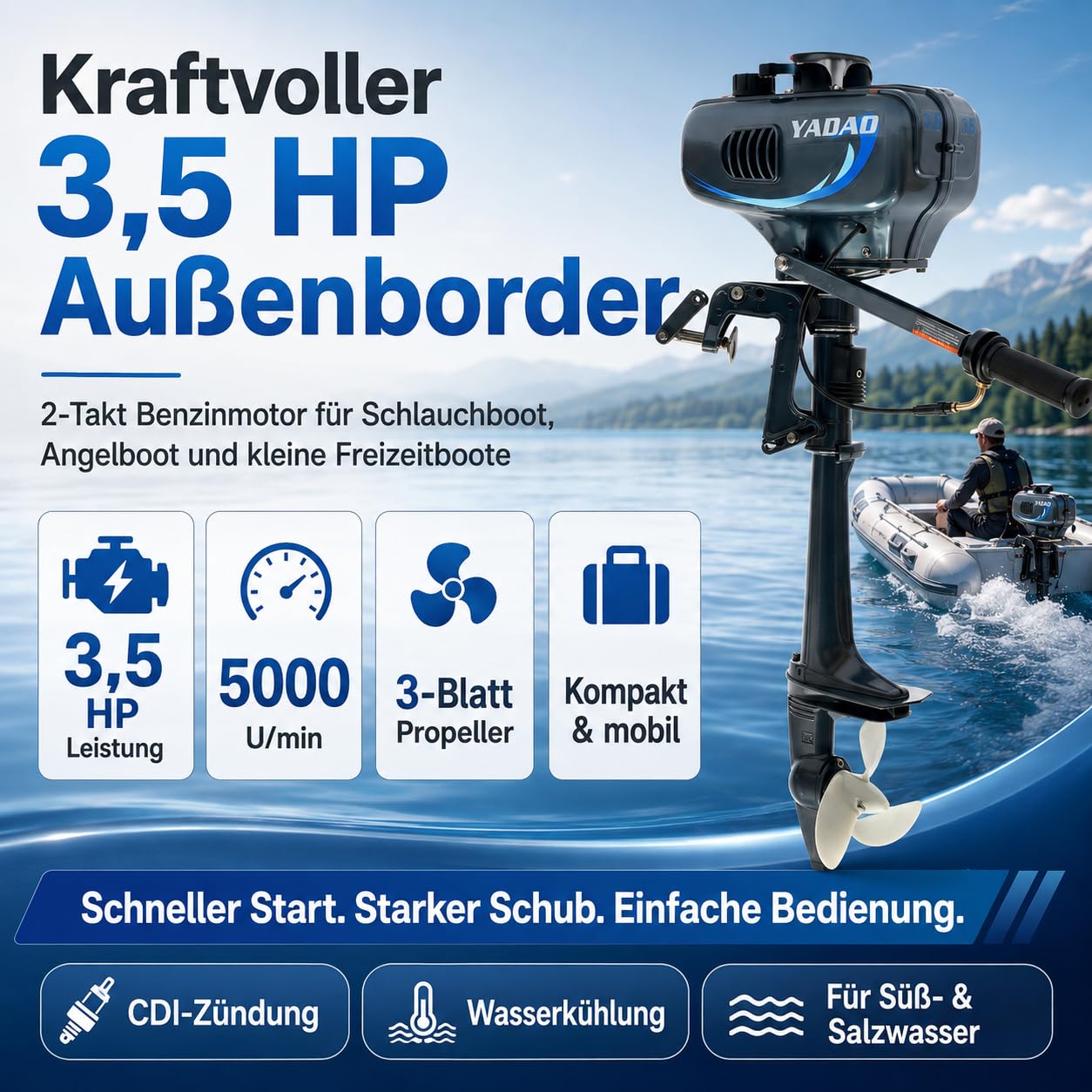 2-Takt 3,5 PS Außenbordmotor 75 lbs, Kurzer Welle mit CDI Zündung | 5000 U/min, 12 km/h (bei vier Personen), Halbluftgekühlt mit Kraftstofftank für Schlauchboot, Angelboot, Aluminiumboot