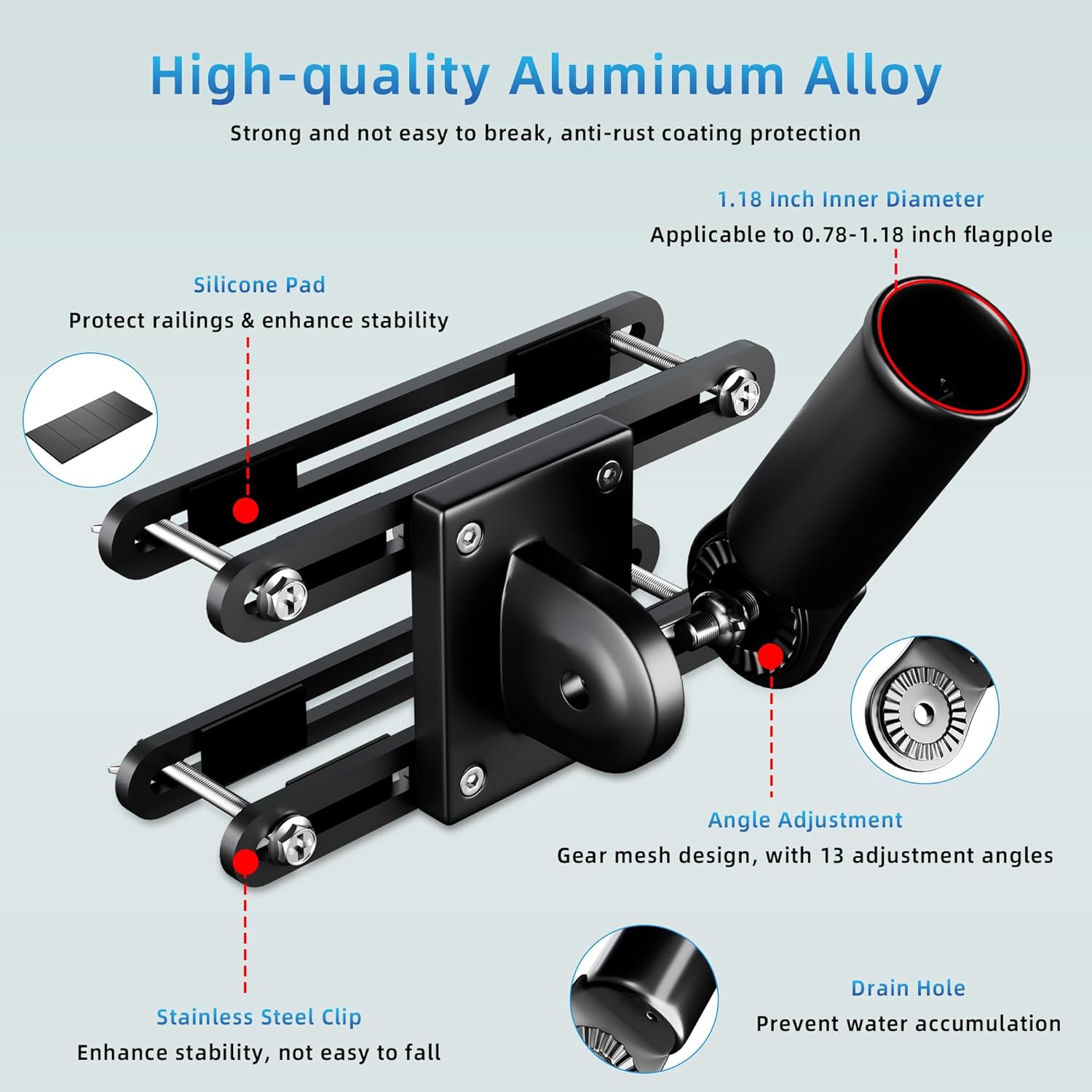 Flag Pole Holder for Outside House, No Drilling Adjustable Flag Holder for Railing, Sturdy and Rust Proof Flag Pole Mount, Heavy Duty Flag Pole Bracket, Outdoor Flag Holder for 1'' Flagpole
