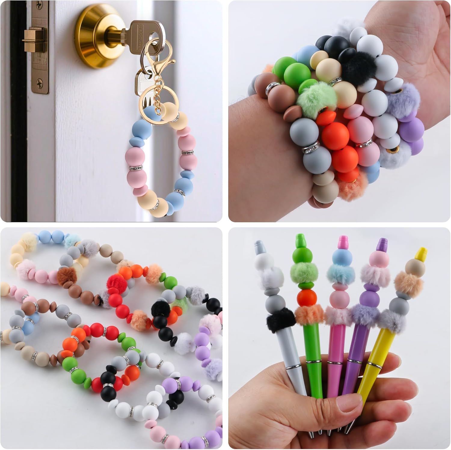 201Pcs 12mm 15mm Yellow Blue Silicone Beads for Keychain Making, Fluffy Fuzzy Pom Pom Beads Plush Fur Covered Ball Rondelle Rhinestone Spacer 10mm for Pens - Image 5