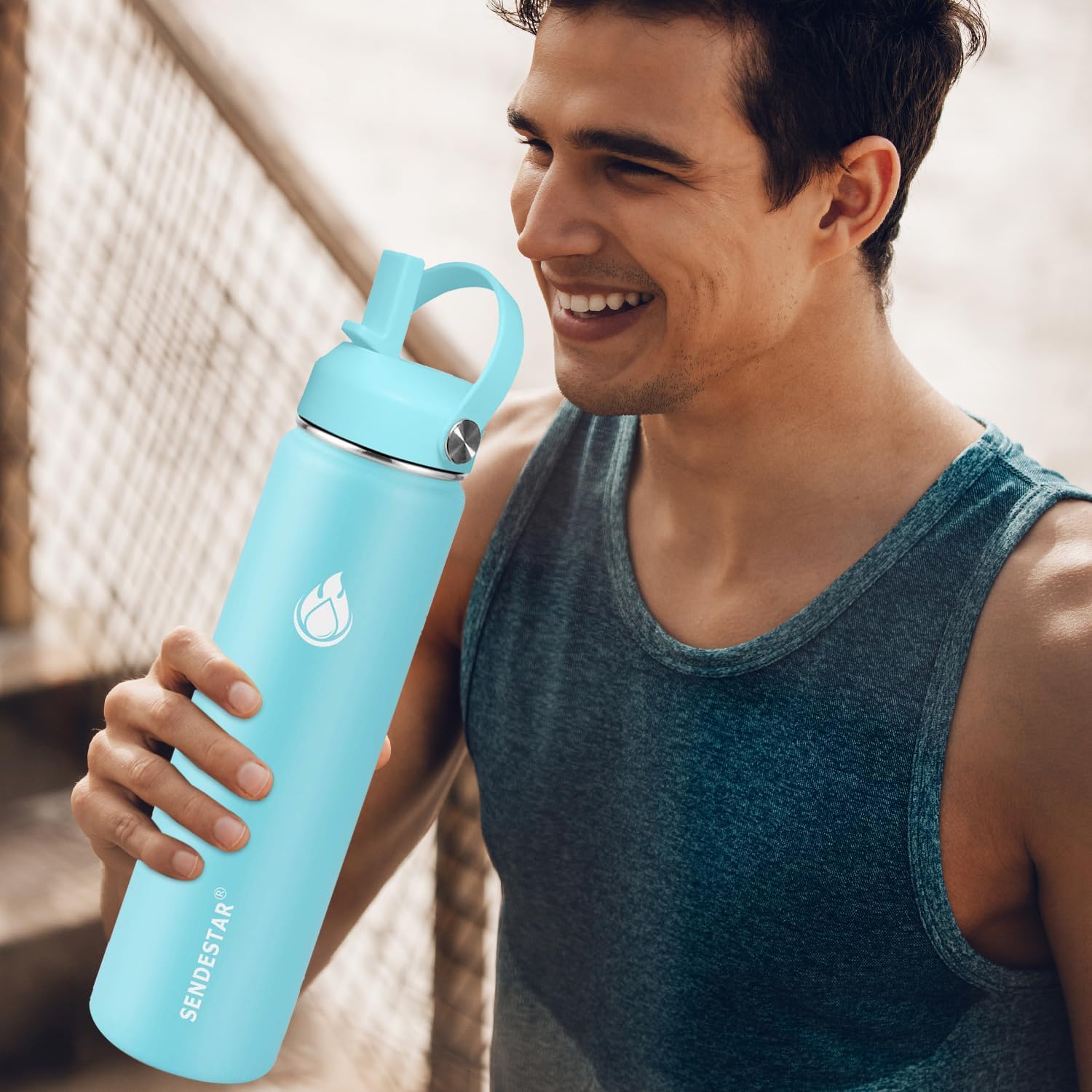 SENDESTAR Stainless Steel Wide Mouth Water Bottle 32oz Double Wall Vacuum Insulated Leak Proof Bottle with New Flex Straw Lid & Spout Lid XIN-MC-1000-1