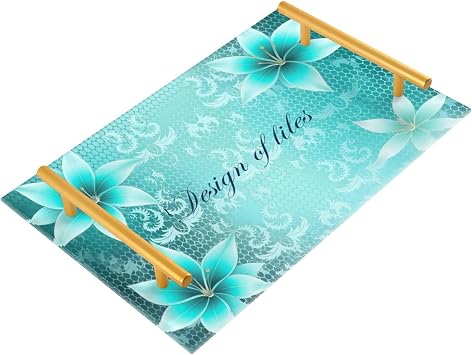 Bathroom Vanity Tray Counter Organizer, Turquoise Lilies Decorative Tray with Handles Countertop Storage for Bathroom Bedroom Kitchen Home Farmhouse