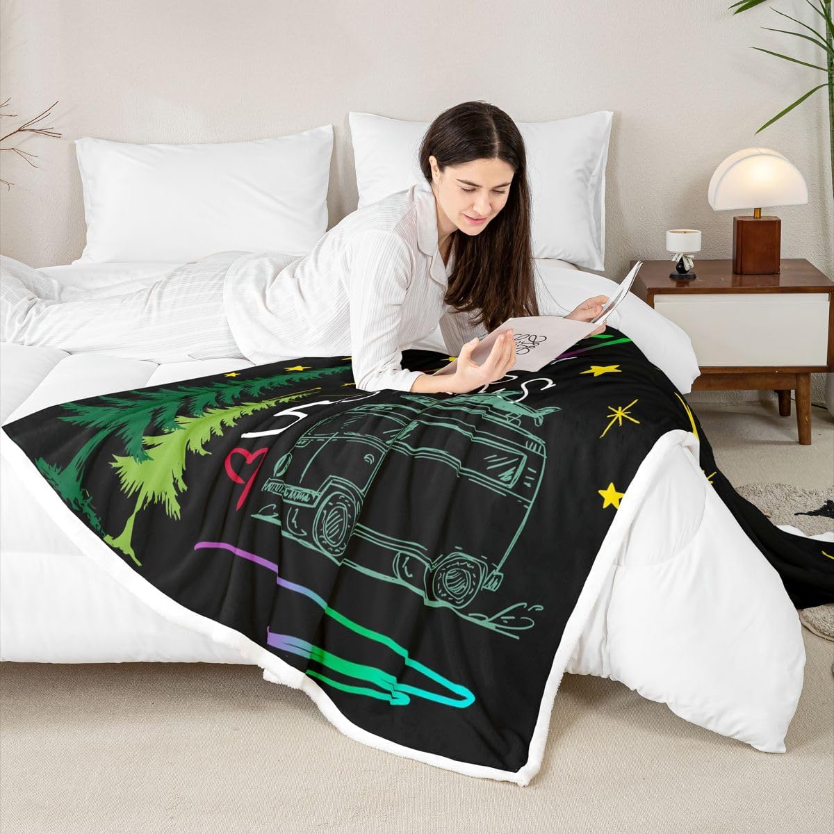 Happy Camping Fleece Blanket Galaxy Camping Decor Throw Blanket 90"x90",Starry Sky Camping Blanket for Kids Child,Rustic Cabin Sketch Sherpa Blanket Constellation Camp Travel Car Sofa Decor