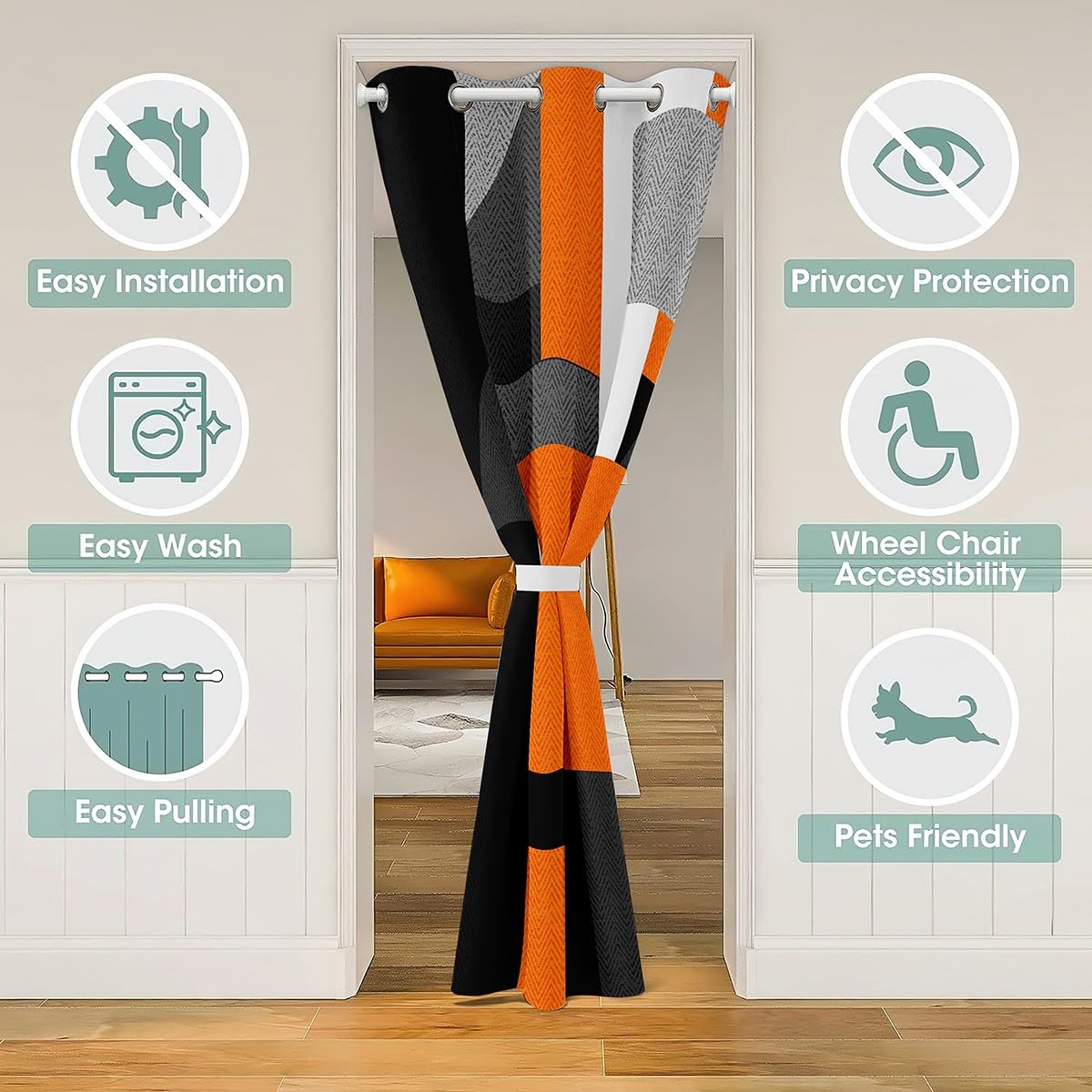 Orange and Black 30%-50% Room Darkening Blackout Curtain Door Curtain for Boys Girls TeensGeometric Square Room Divider Curtain Cover 106x203cm Abstract Art Window Treatments - Image 3