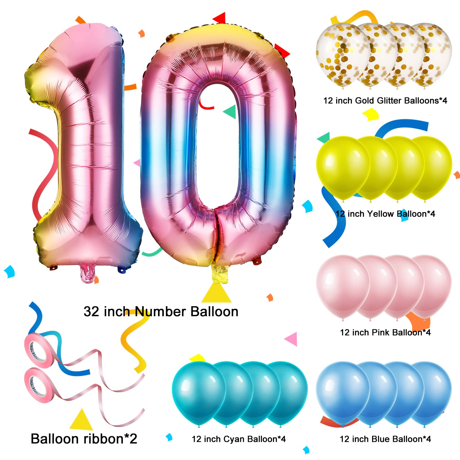 Luftballon-Set Zum 10. Geburtstag In Rosa - Mit Folienballon, Banner, Sternen & Konfetti, Für Mädchen-Partys