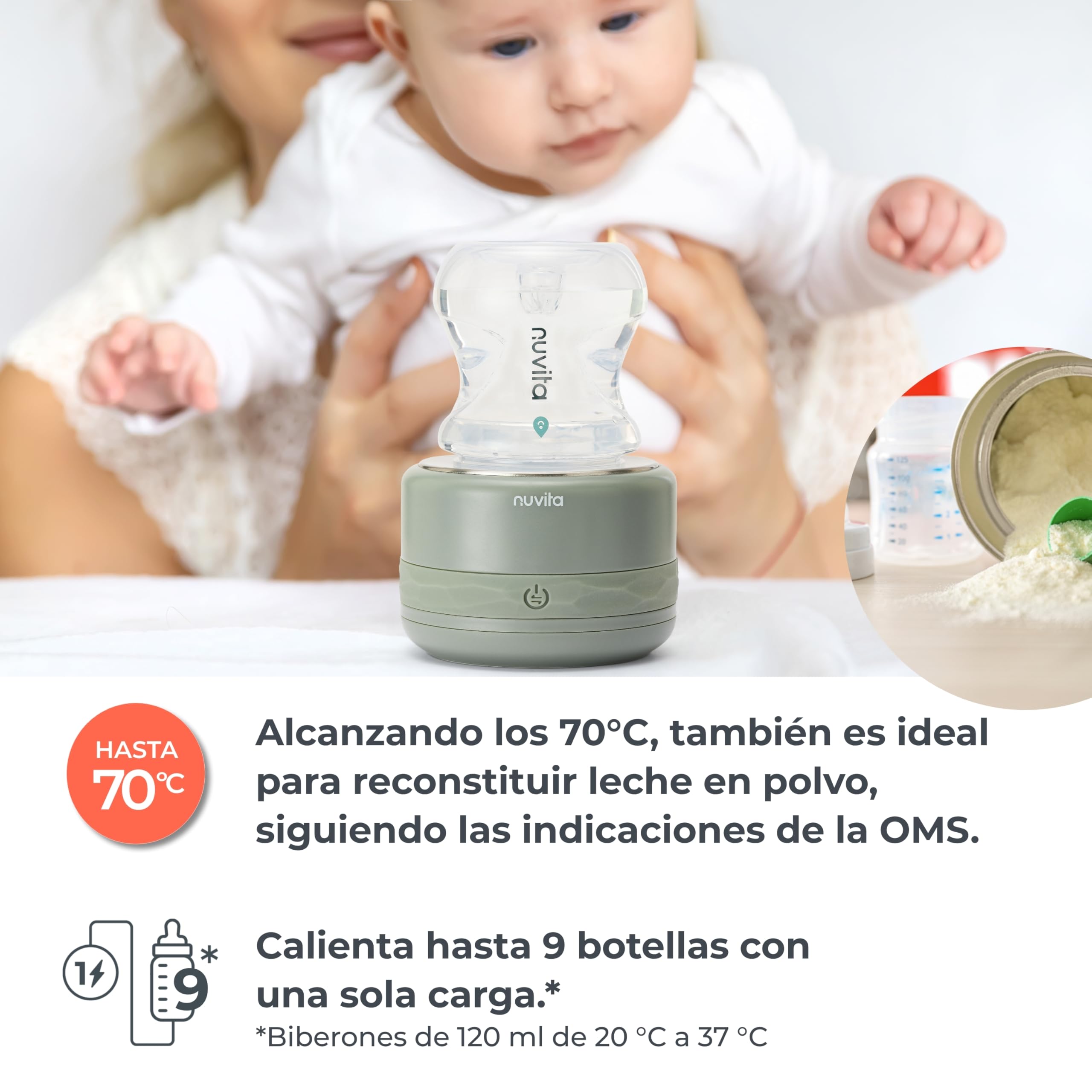 Nuvita 1166 Warm70 Calientabiberones Portátil Inalámbrico 70°C – Recargable por USB, Compatible Universal con 6 Adaptadores, 5 Niveles de Temperatura hasta 70°C, Calentamiento Rápido en 2,5 Min
