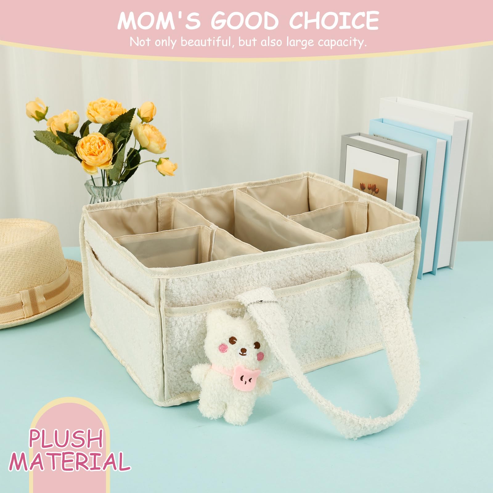 Organisateur de couches pour bébé, portable, avec poignée et pendentif, 38 x 27 x 18,5 cm, panier de rangement élégant pour nouveau-né, grand sac de porte-bébé, blanc