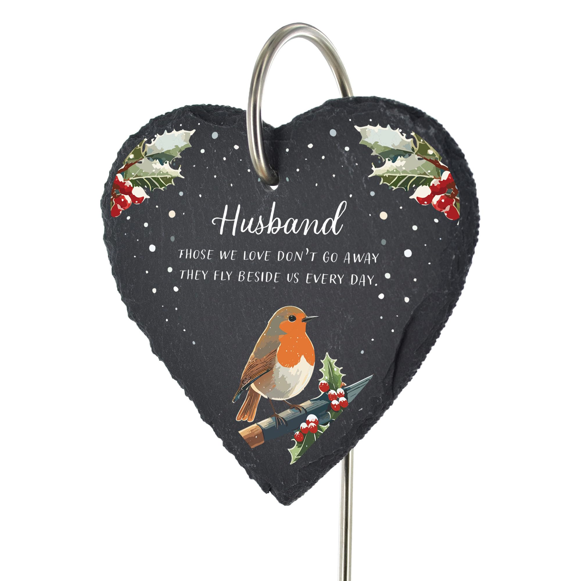 For Heaven Slates Husband — Christmas Robin Memorial Headstone Decoration — Those we love don’t go away they fly beside us everyday — Outdoor Ground Stake — Slate Heart — Christmas Memorial