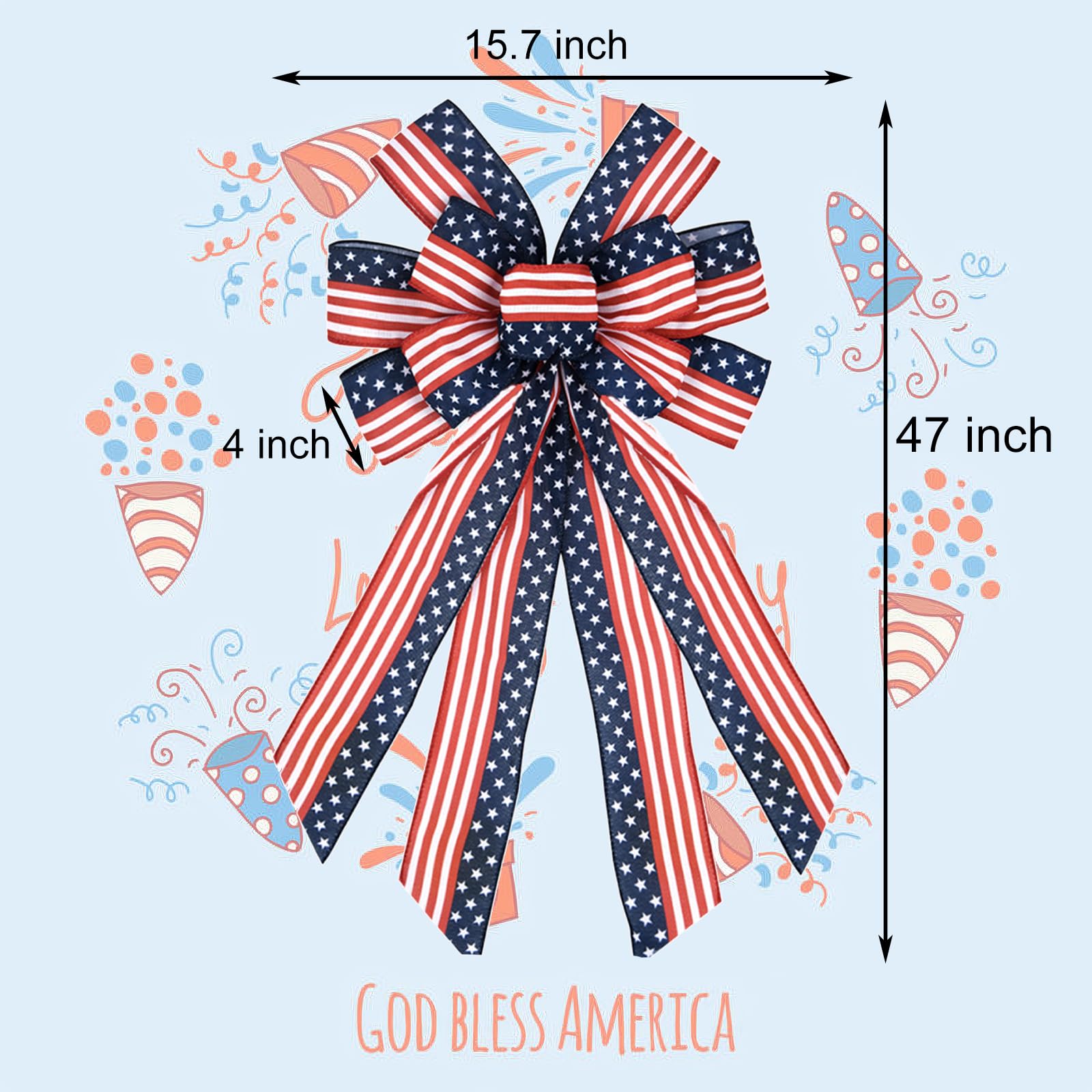Large Patriotic Bow Wreath 4th of July Decor American Flag Bow for Indoor Outdoor Red with Blue Stars Bunting Holiday Memorial Day Decorations Independence Day Party Backdrops (1, 15.7x47'' Blue)