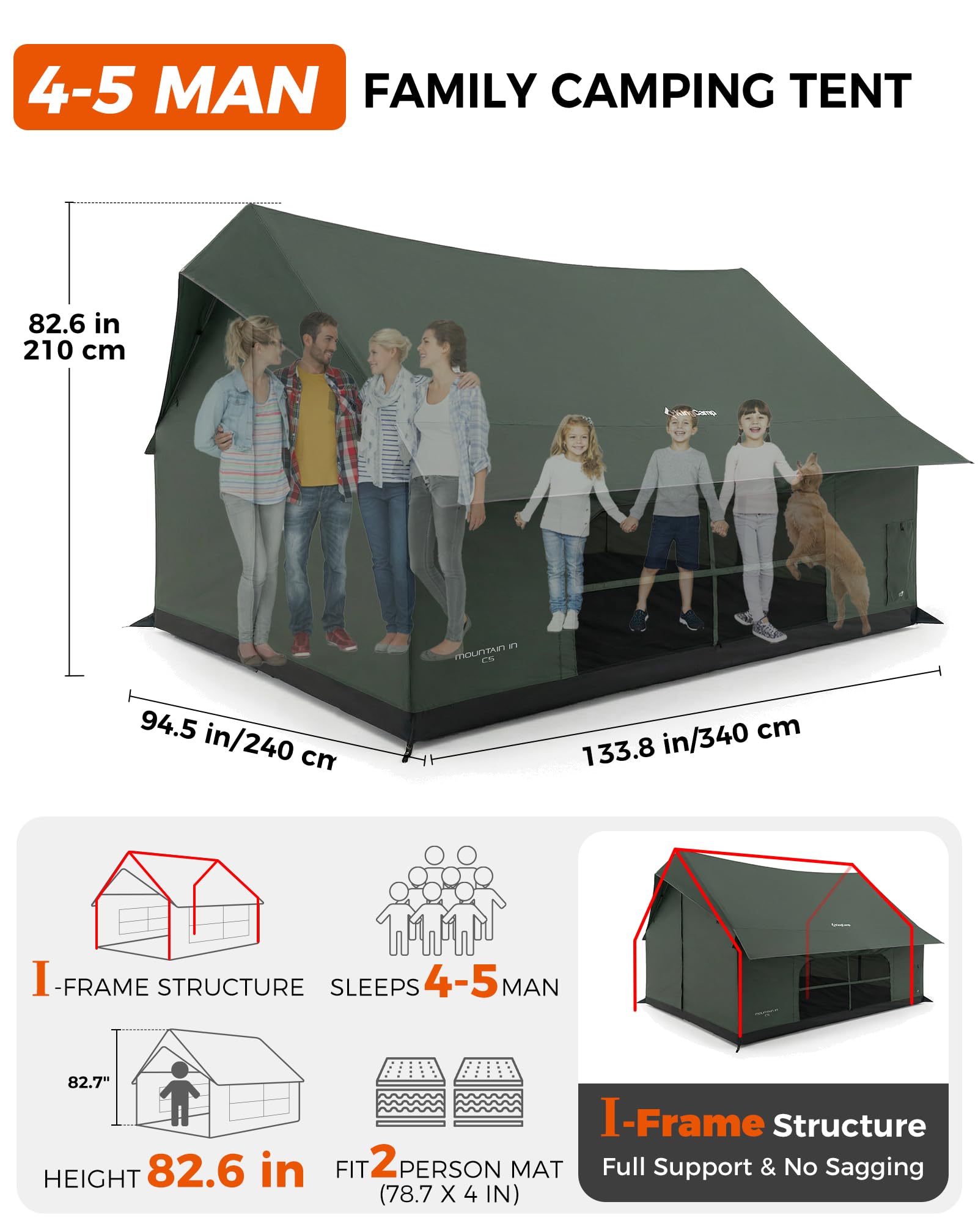 Namiot domowy dla 4-5 osób, 210 g, TC 150D, tkanina Oxford PU3000 mm, wodoszczelny, 8㎡