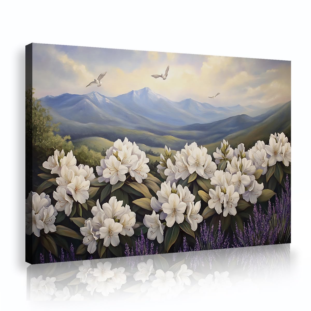 Via Vela Snowy Ridge Azalea Framed Canvas Pictures Guest Room Lavender Valley Wilderness Painting Panoramic Posters Nature Wall Art for Living Room Decor 70x110cm