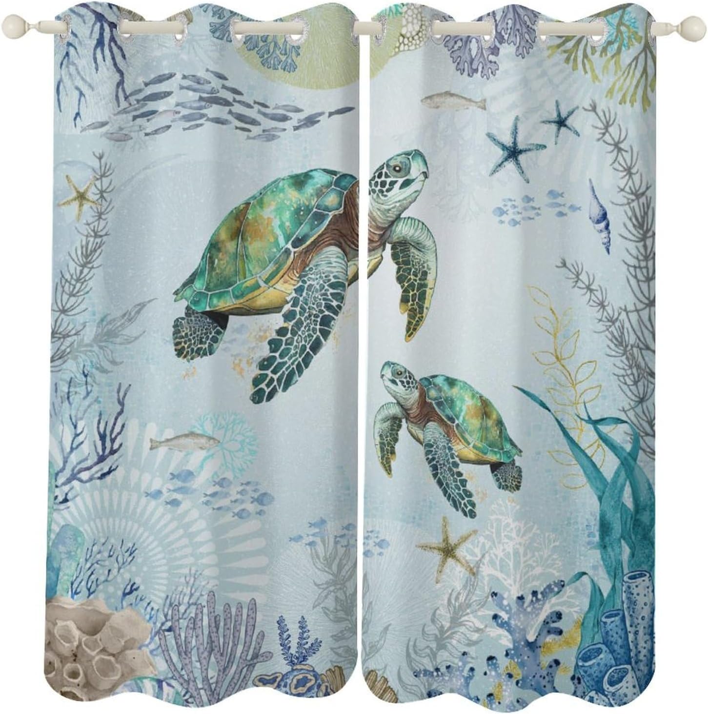 Sea Turtles Curtains for Living Room Decor, Summer Sunlight Beach Blue Ocean Print Wood Board Window Treatments, Inspirational Quotes Blackout Drapes for Bathroom Kitchen, 42x45inch (2 Panels)