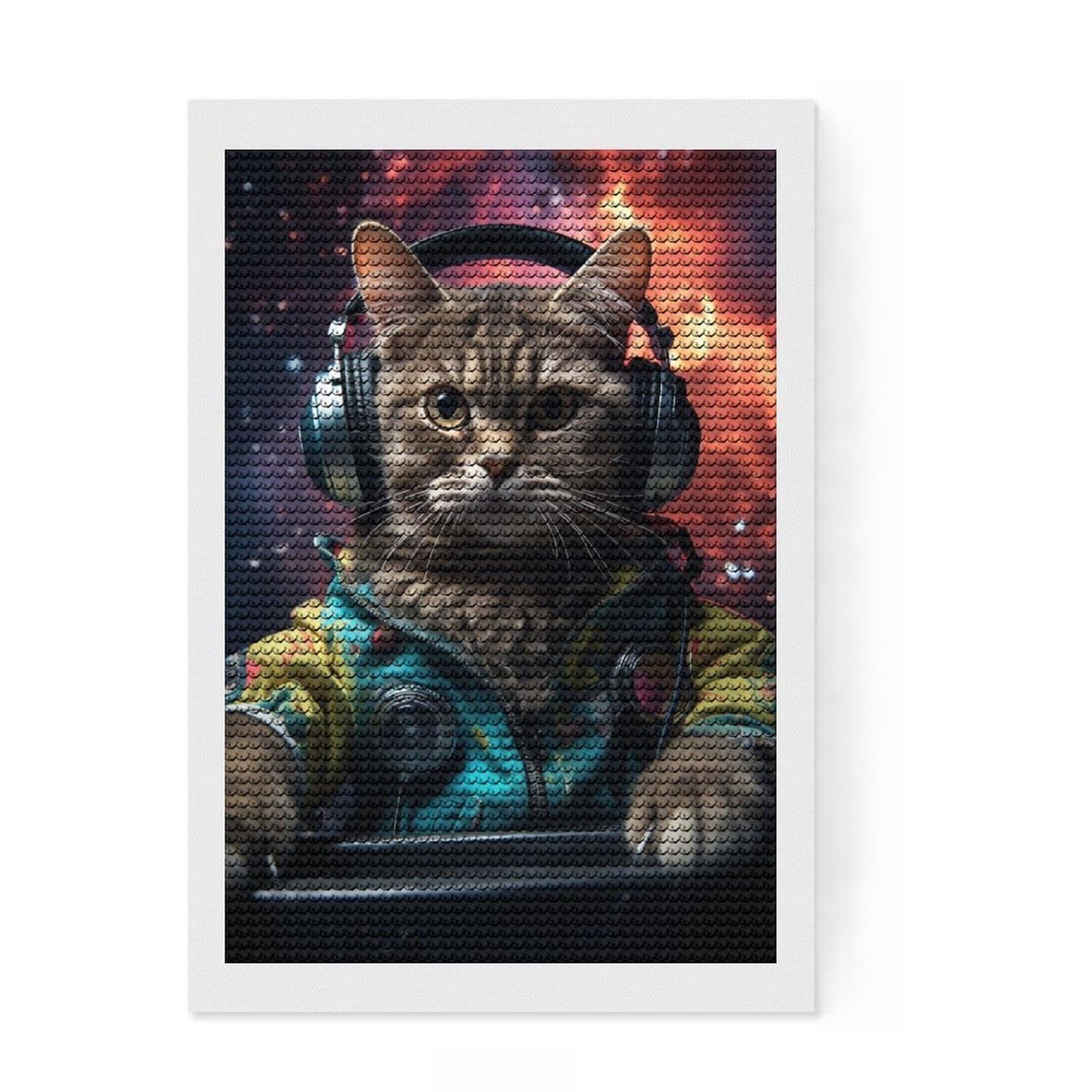 Junmoney Cosmos Kitten DJ Full Drill Diamond Painting Kit 8"x12", Enjoyable At-Home Hobby, Creative Leisure Activity, Cosy Home Accent