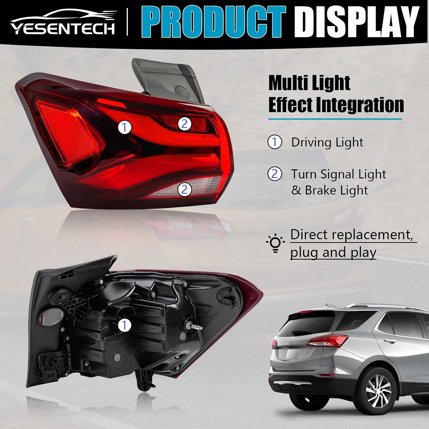 Full LED Outer Tail Set Light Assembly Set for Chevy Equinox 2022-2024 1.5L L4 LS/LT/ RS, Rear Brake Turn Signal Outer Taillight Assembly Set for Chevy Chevrolet Equinox 2022 GM2805153 85132584
