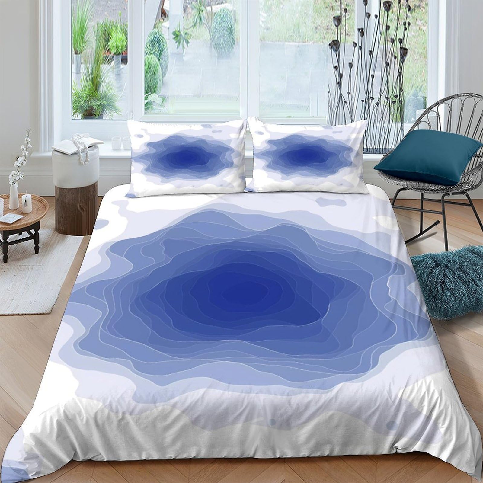 GPLZQXKJNH 3D Printed Blue Watercolor Duvet Cover Microfiber Soft Breathable Abstract Gradient Bedding Set with 2 Pillowcases for Bedroom Decor Single（135x200cm）