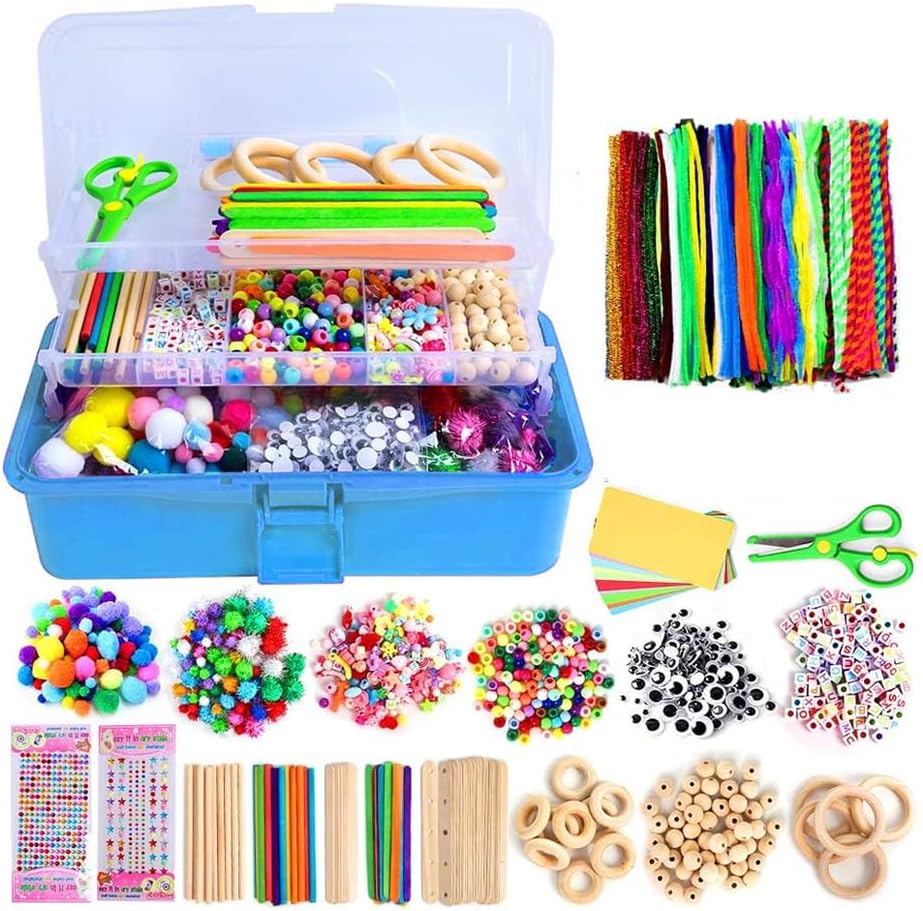 AMERTEER 1055 Pcs Art and Craft Supplies for Kids, Toddler DIY Craft Art Supply Set With Folding Box (Blue)