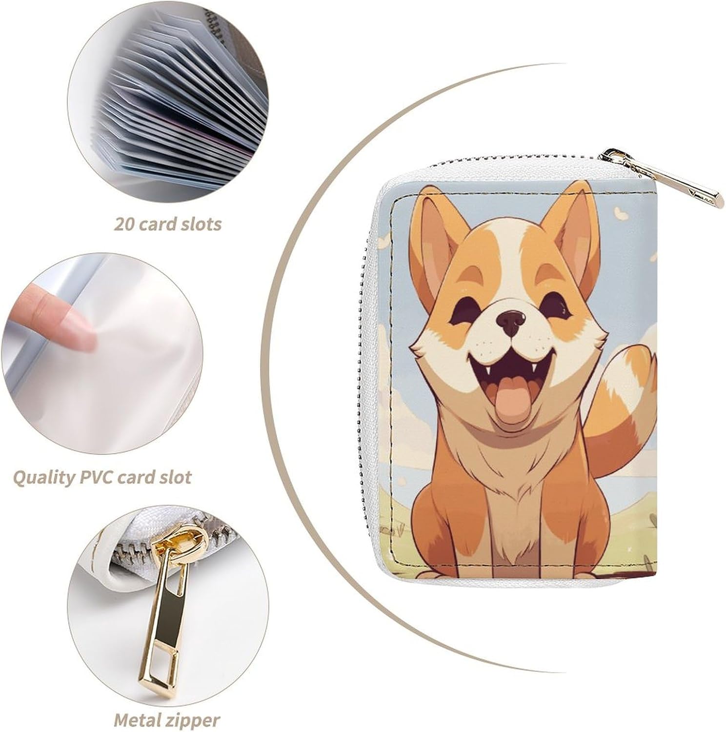 Leather Card Organizer Case Card Wallet Credit Card Holder Cartoon Shiba Inu Dog Printed Zipper Card Cases Holder for Women Men