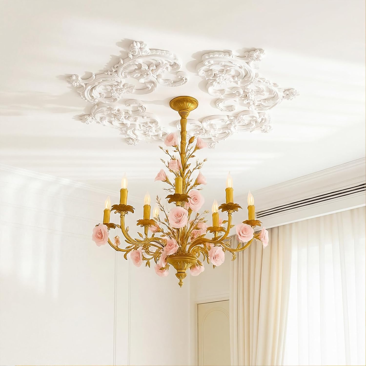 Nuanchu 33.5'' Large PU Ceiling Medallion Combination Decorative 2.36'' ID French Style Chandelier Base Ceiling Medallion for Light Fixtures Victorian Rosette Light Covers for Chandeliers(Charming)