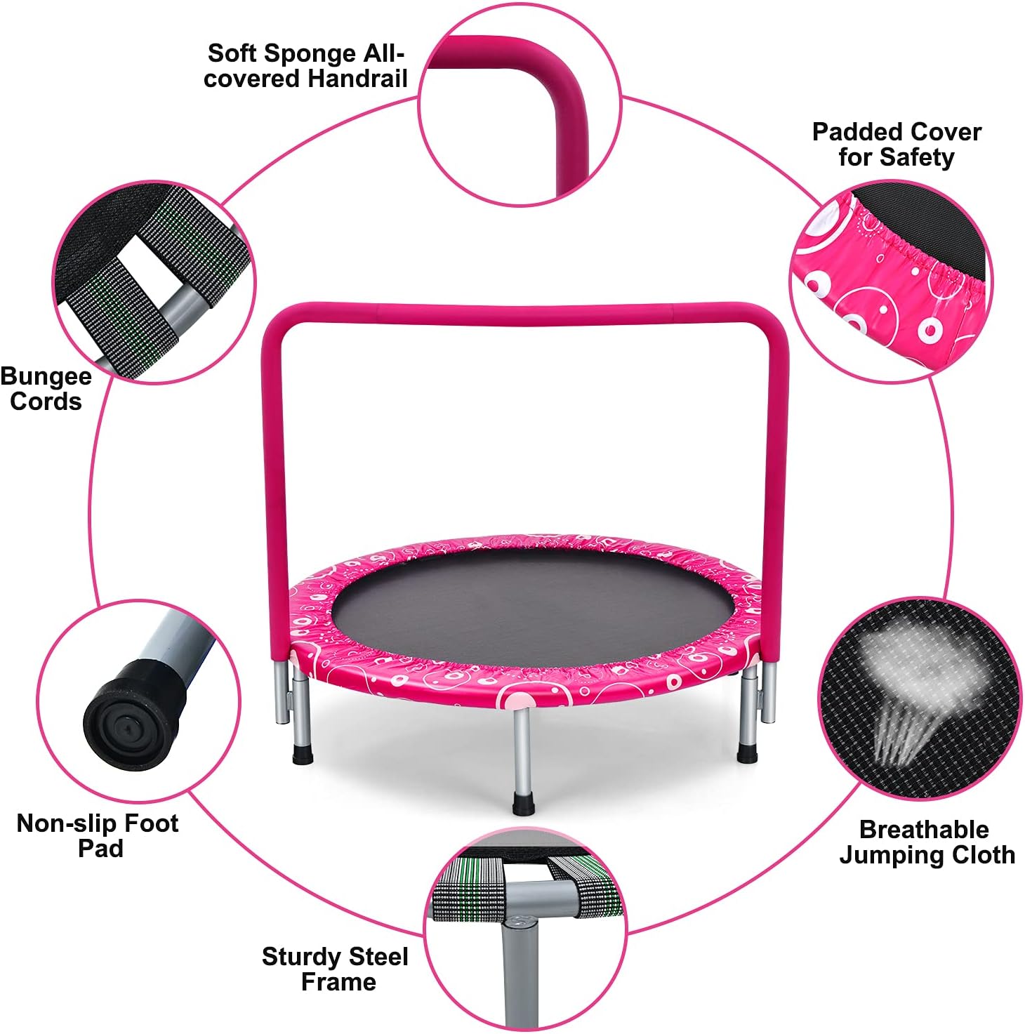 Giantex 36-Inch Mini Trampoline for Kids, ASTM Approved Foldable Rebounder Trampoline with Foamed Handle, Max Loaded 330 lbs, Indoor Safety Padded Fitness Trampoline