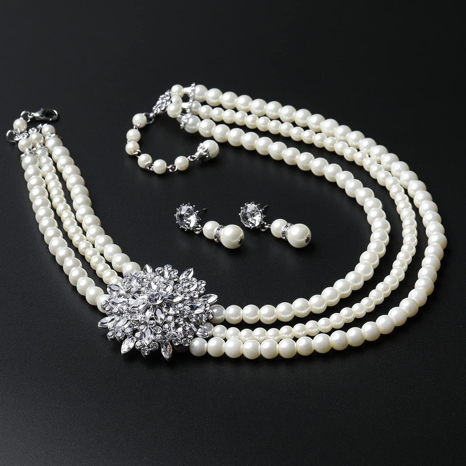 BABEYOND 1920s Gatsby Pearl Necklace Vintage Bridal Pearl Necklace Earrings Jewelry Set Multilayer Imitation Pearl Necklace with Brooch - Image 5