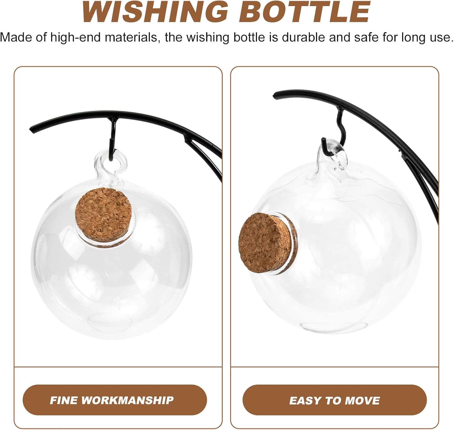 Hanging Jar Set with Transparent Glass Ball and Secure Lid, Decorative Moon-Shaped Metal Stand for Origami Stars, Plants, or Strings, Compact Display for Home, Office, and Gift Use