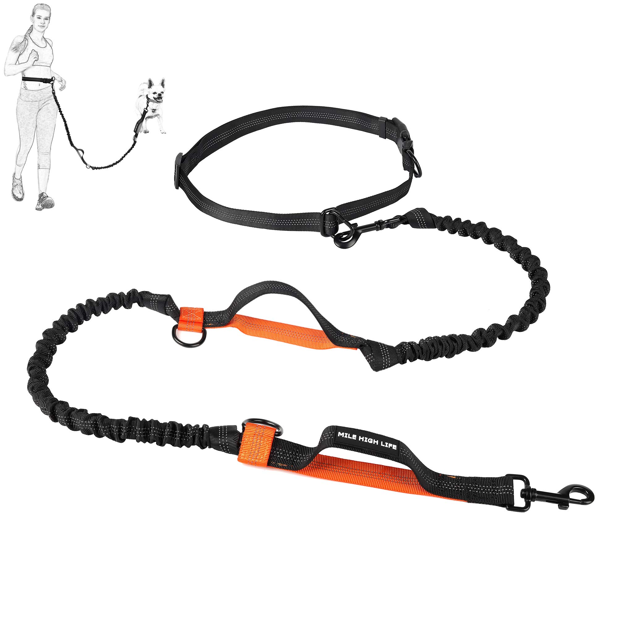 Mile High Life | Retractable Hands Free Dog 7FT Leash | Waist Running Adjustable | Reflective Dual Black Bungees | Dual Handles | Small Medium Large Dogs | (Orange)