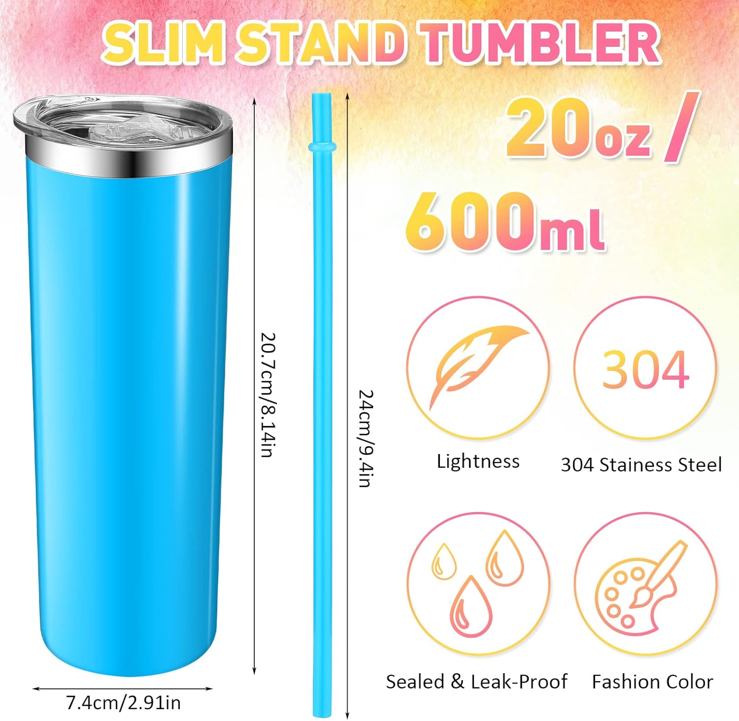 Mimorou 16 Pack Skinny Tumblers Bulk with Lids and Straws 20 oz Stainless Steel Insulated Sublimation Tumblers Slim Water Cup Double Wall Vacuum Travel Coffee Mug for Hot Cold Drink - Image 2