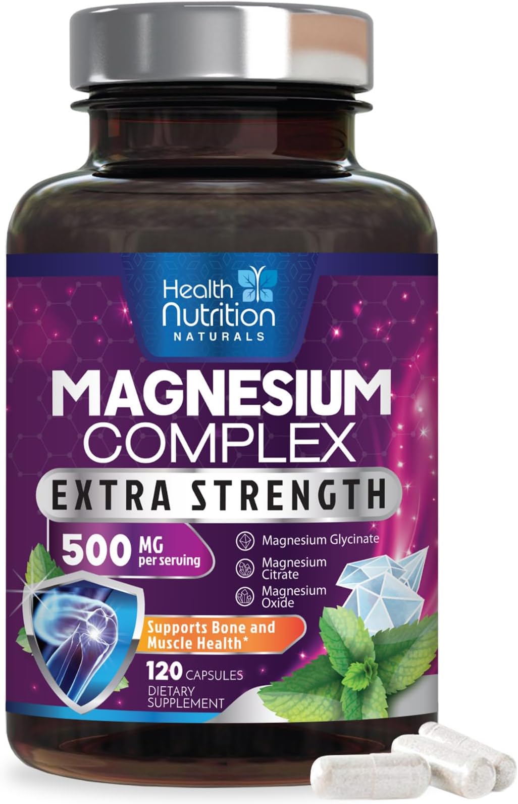 Magnesium Complex Capsules - 500mg per Serving Magnesium - High Absorption Chelated Mineral Supplement - with Oxide, Glycinate, Malate, Citrate for Muscle Bone and Heart Health Support - 120 Capsules