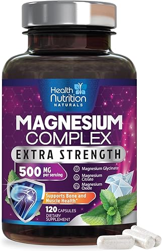 Suplemento complejo de magnesio de 500 mg - Apoya la salud muscular, cardíaca, hueso, nerviosa - con glicinato, óxido, malato, citrato - Cápsulas de