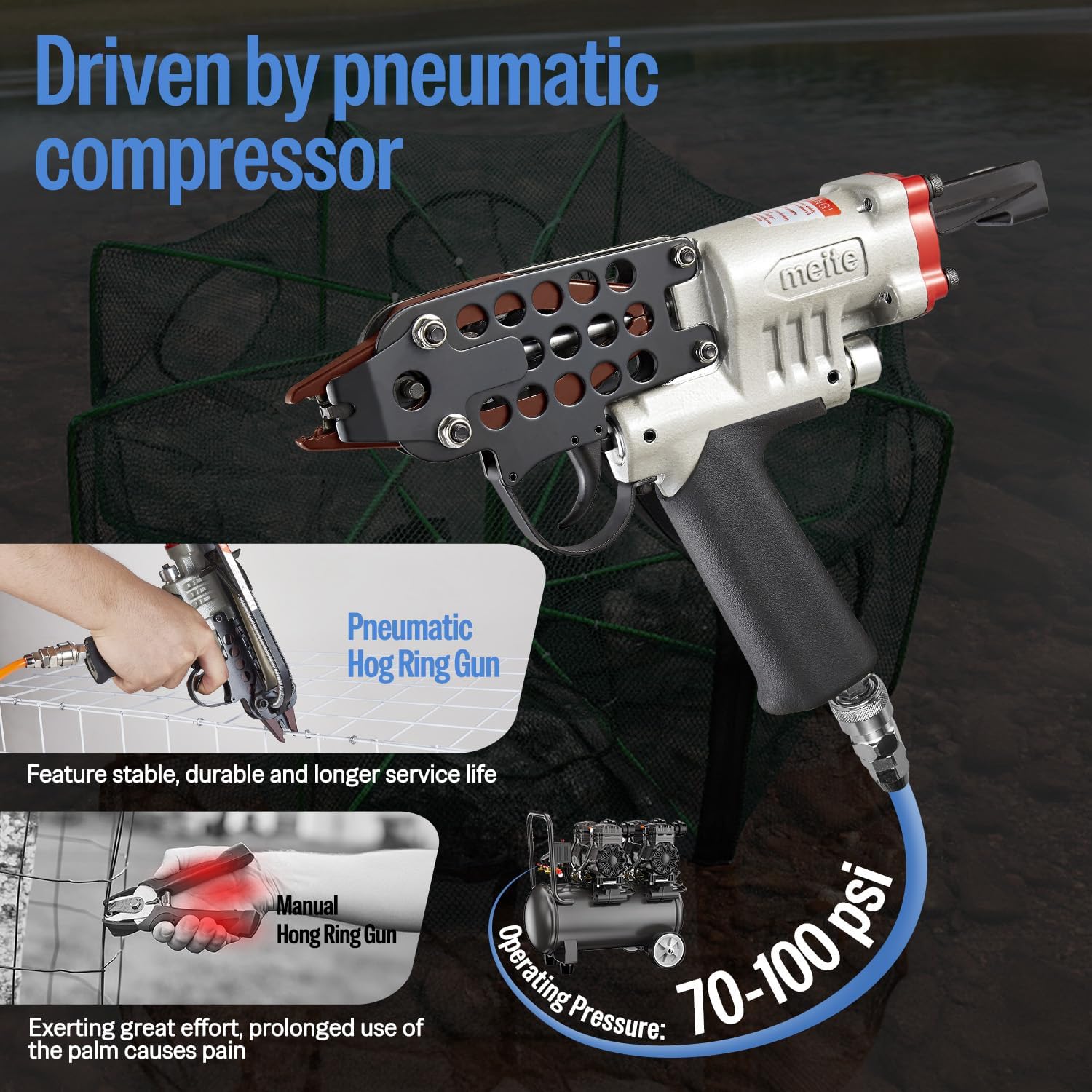 meite SC760C Pneumatic Hog Ring Gun, 16 Gauge 1/2" Crown Hog Ring Pliers, 2.6–3.6 mm Closure, Air C Ring Stapler for Fencing, Upholstery, Pet Cages, and Bag Sealing