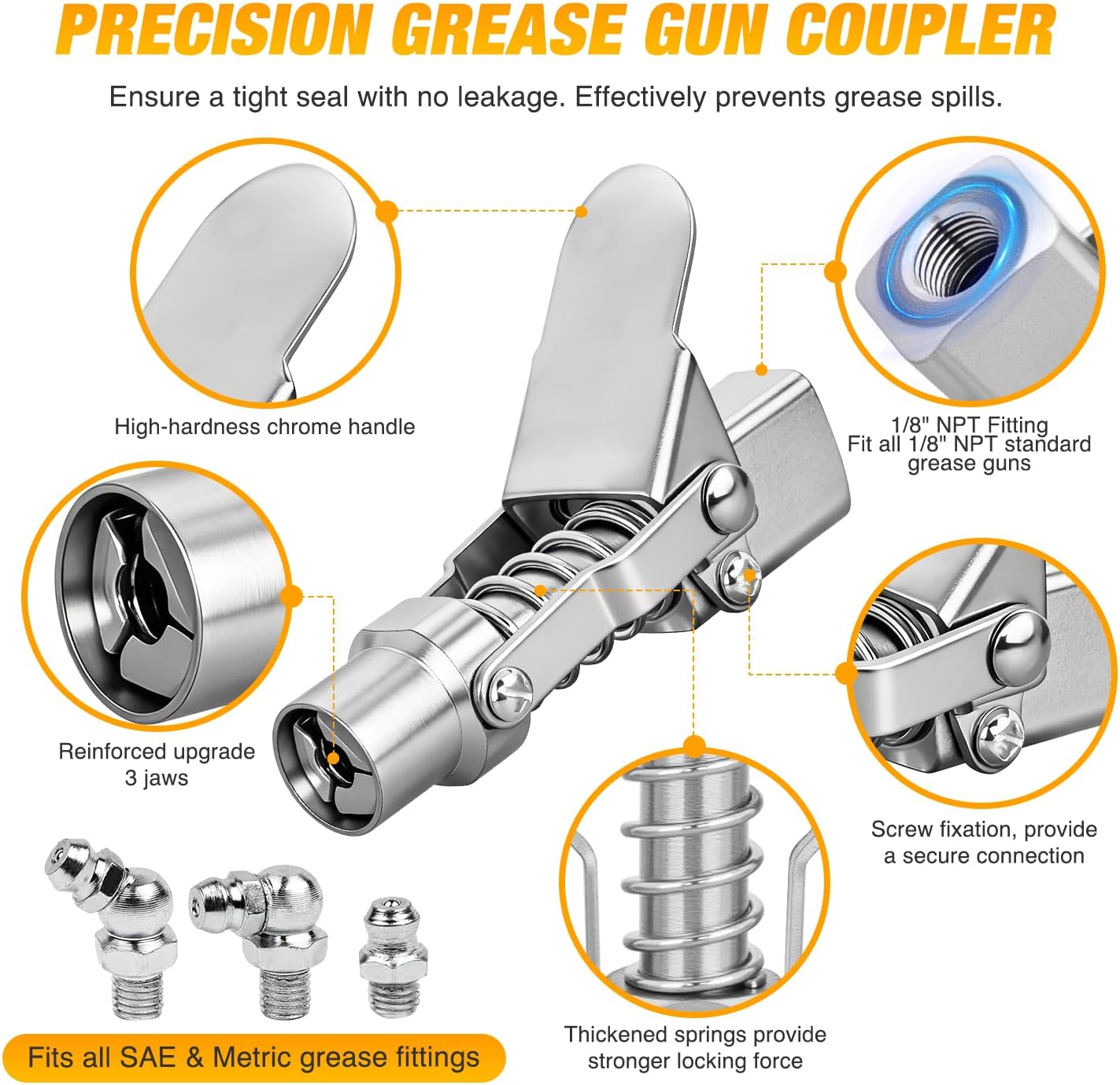 GOOACC Grease Gun Coupler Set Quick Locking Grease Coupler 90 Degree Grease Tips 12" Spring Flexible Hose & Cleaning Tool Compatible with 1/8" NPT Grease Gun Fitting & SAE Metric Zerk Fittings 4 PCS image 2