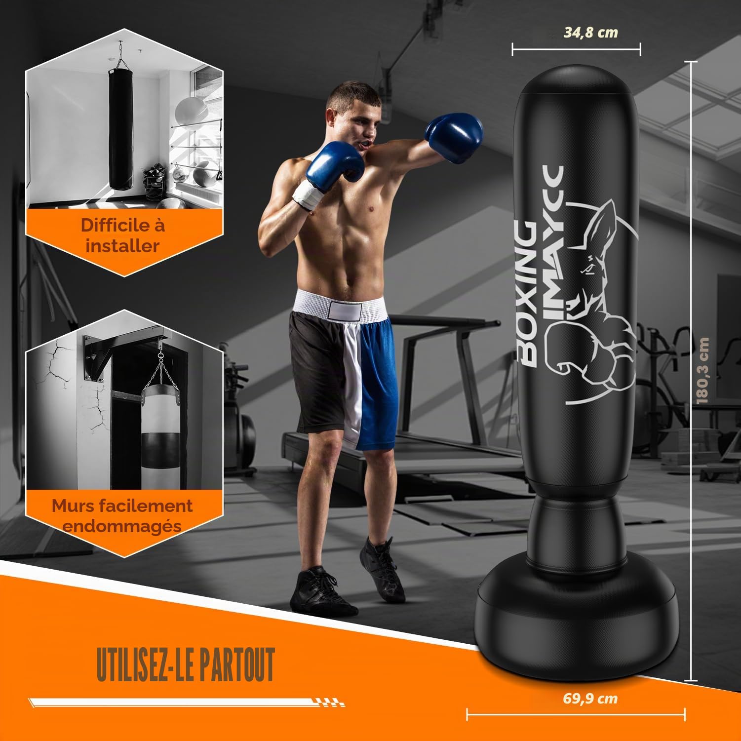 Sac de frappe debout pour adultes et adolescents, amélioré, 180 cm, en PVC, sac de frappe pour débutants (hommes et femmes), sac de punching pour sac de kickboxing pour Muay Thai, MMA, entraînement de