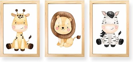 Kit 3 Quadros Decorativos Infantil com Moldura Safari - Leão, Girafa e Zebra - 20 x 30cm - Decoração Quarto Bebê (Pinus)