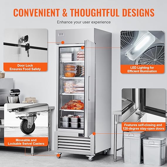 VEVOR Commercial Freezer 19.32 Cu.ft, Reach In 27 W Upright Freezer Single Door, Auto-Defrost Stainless Steel Reach-in Freezer with 4 Adjustable Shelves,13 to 5F Temp Control, LED Light, 4 Wheels