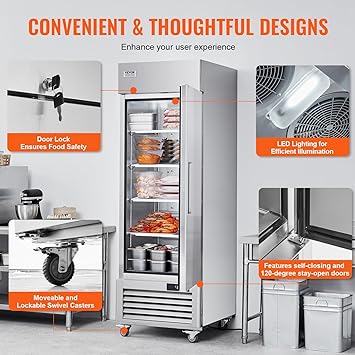 VEVOR Commercial Freezer 19.32 Cu.ft, Reach In 27 W Upright Freezer Single Door, Auto-Defrost Stainless Steel Reach-in Freezer with 4 Adjustable Shelves,13 to 5F Temp Control, LED Light, 4 Wheels