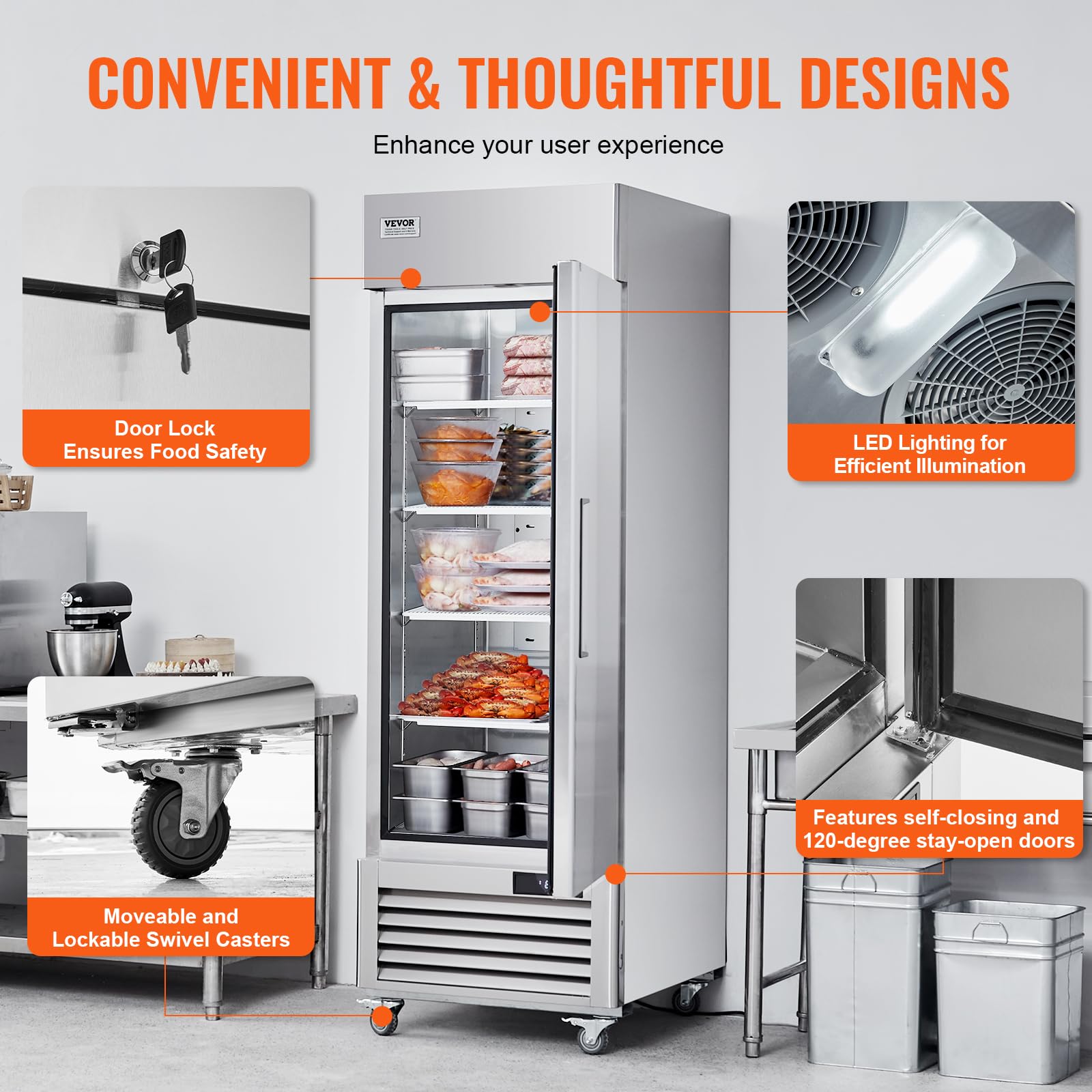 VEVOR Congélateur Commercial 570 L, Armoire de Congélation à Portée de Main 1 Porte, en Inox, Dégivrage Automatique, Contrôle de Température -25 à -15 ℃, 3 Tablettes et 4 Roues, Cuisine Restaurant