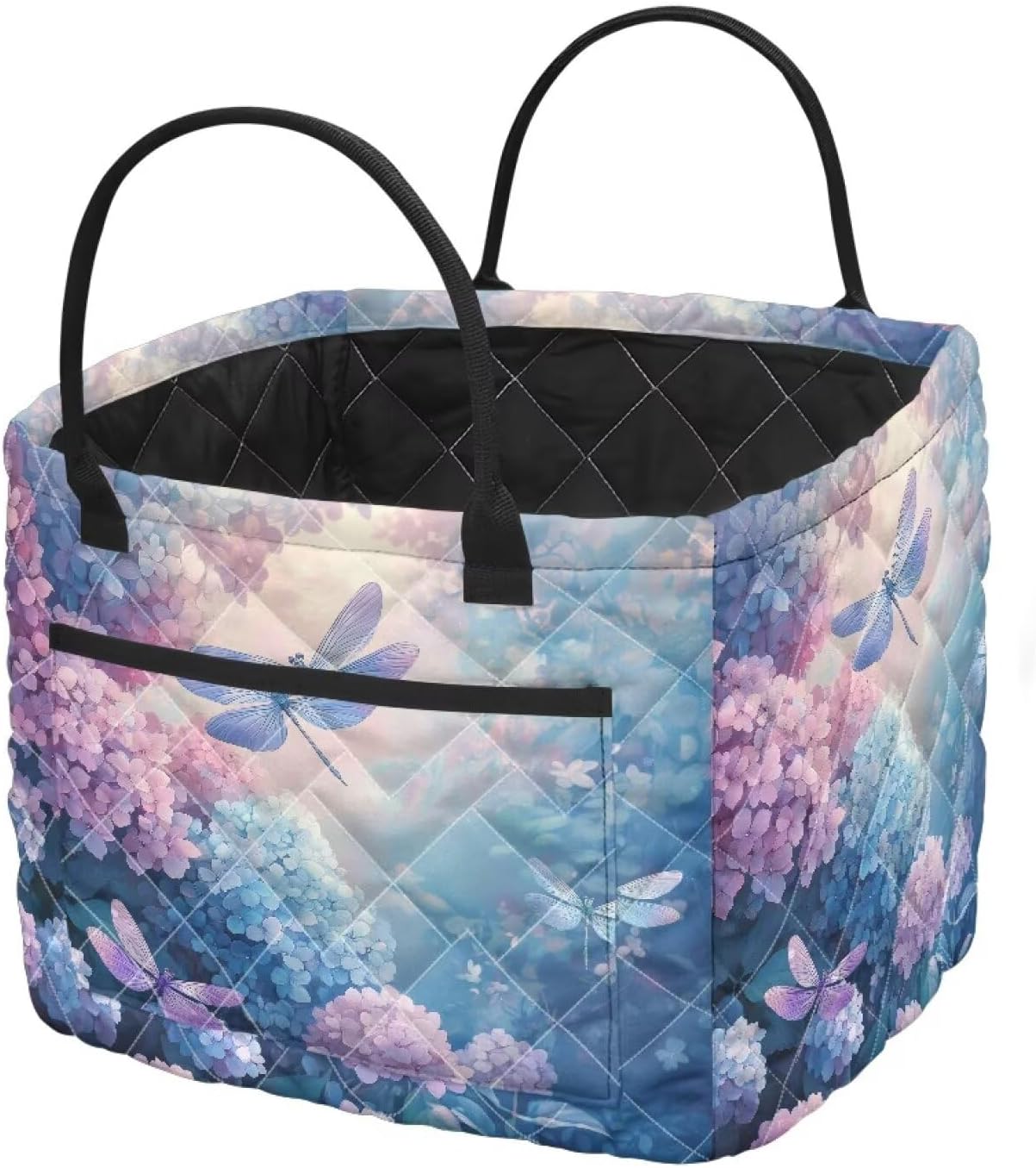 Dragonfly Quilted Storage Basket with Pocket Lightweight Cluster Flower Laundry Baskets Bin Large Capacity Portable Fabric Hamper with Handles for Blankets Clothes