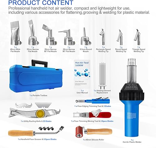 Miniatura 4 de Soldador de plástico de aire caliente 1600W, accesorios completos y boquillas para kit de soldadura de techo de plástico 110V, pistola de calor de