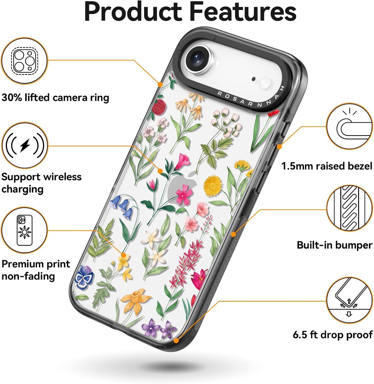 Rosarnnah for iPhone Air Case Cute - Durable Shockproof 6.6 ft Drop Impact Phone Case - Funny Nature Flower Design for iPhone 17 Air (6.5") Black