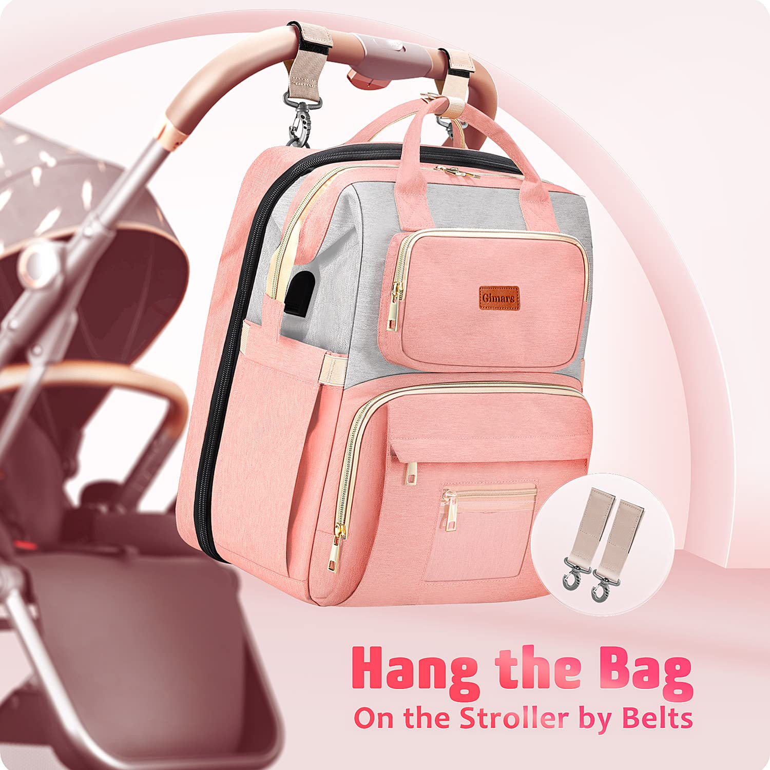 Gimars 6 in 1 Large Diaper Baby Bag with Changing Station for Boys Girl, Waterproof Baby Diaper Bags for Travel with Insulated Milk Bottle Pocket, Large Capacity and Stroller Straps, Pink