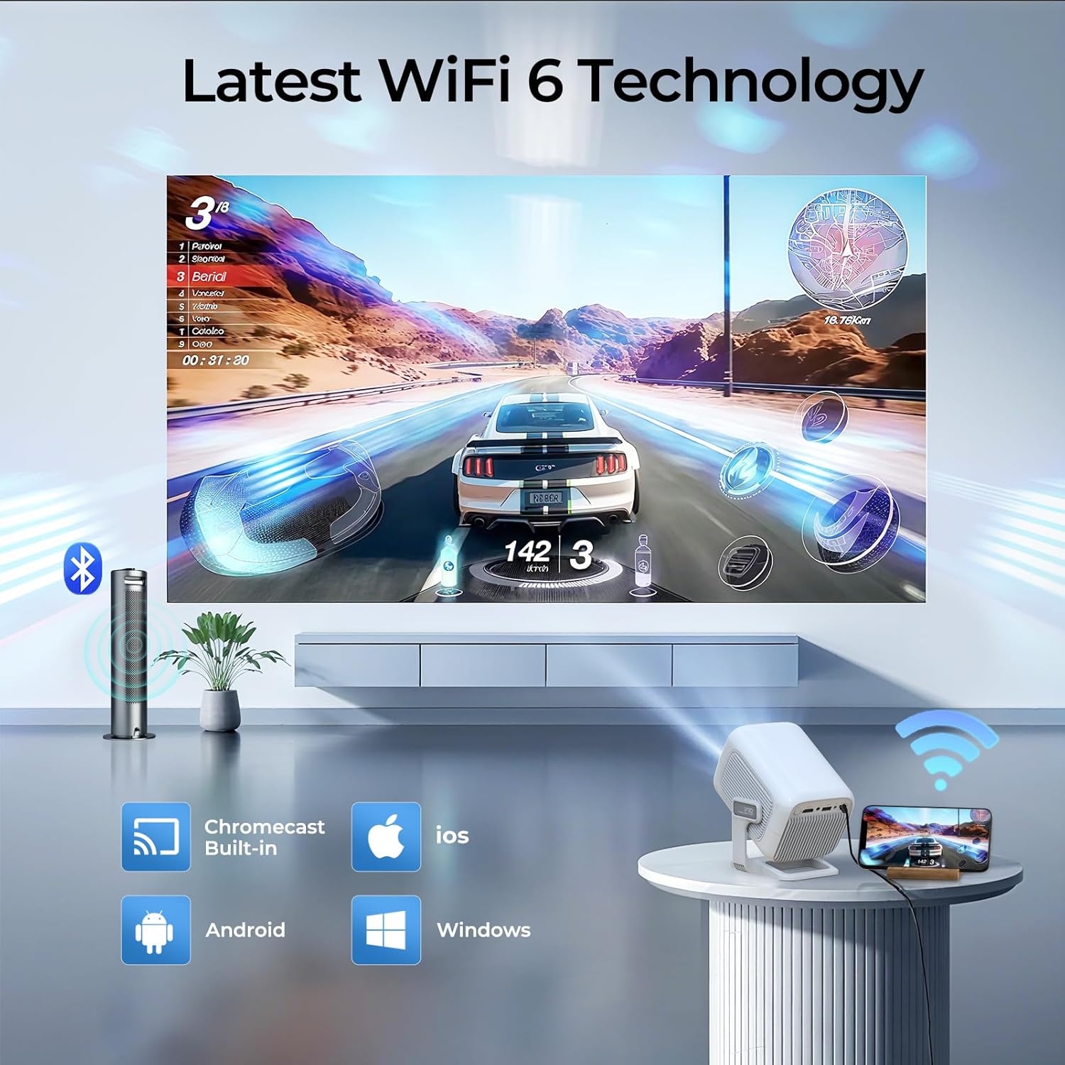 [Officially Liscensed App] Smart Projector with WiFi and Bi-directional Bluetooth Native 1080P FHD 4K Support Auto Focus & Keystone Built-in Android 13 OS Works with Prime Video YouTube Tubi