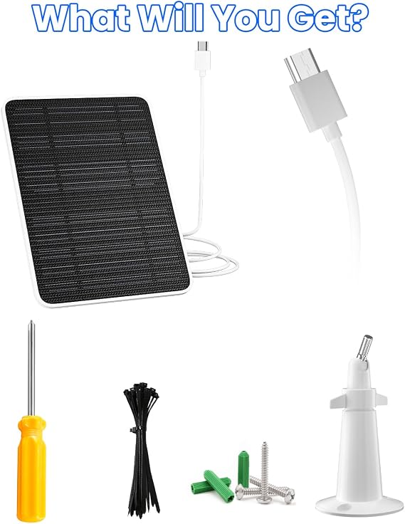 Solar Panel Charger Compatible with Wyze Cam Outdoor V2, 5W Continuous Solar Power for Wyze Cam Outdoor & Battery Camera, IP65 Waterproof, 10ft Micro USB Cable, Secure Wall Mount & Screwdriver, 2 Pack