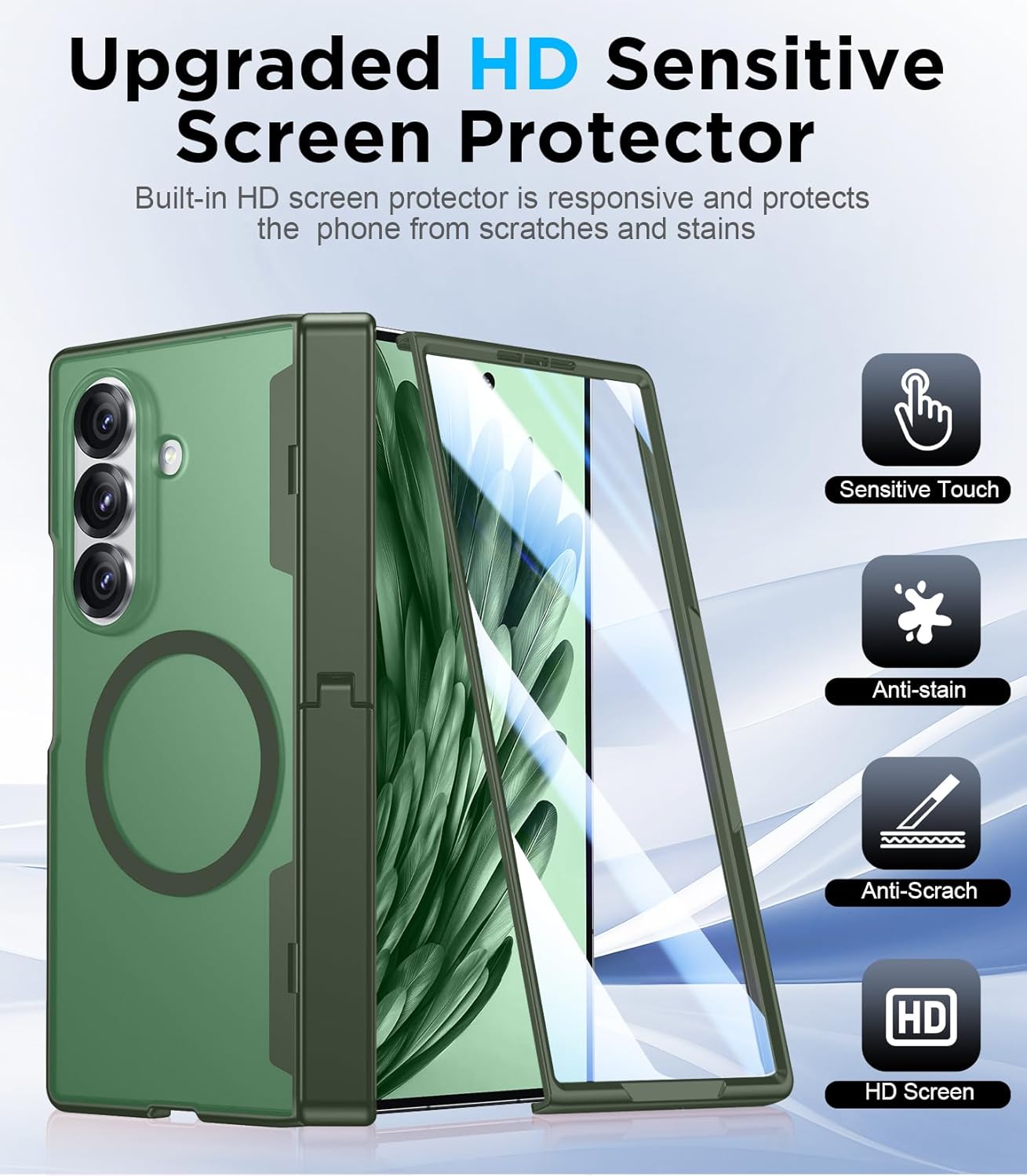 Temdan Magnetic for Samsung Galaxy Z Fold 7 Case,[Compatible with MagSafe][Built-in HD Screen Protector&Invisible Kickstand][Hinge Protection]Translucent Matte Shockproof Phone Case for Z Fold 7,Green