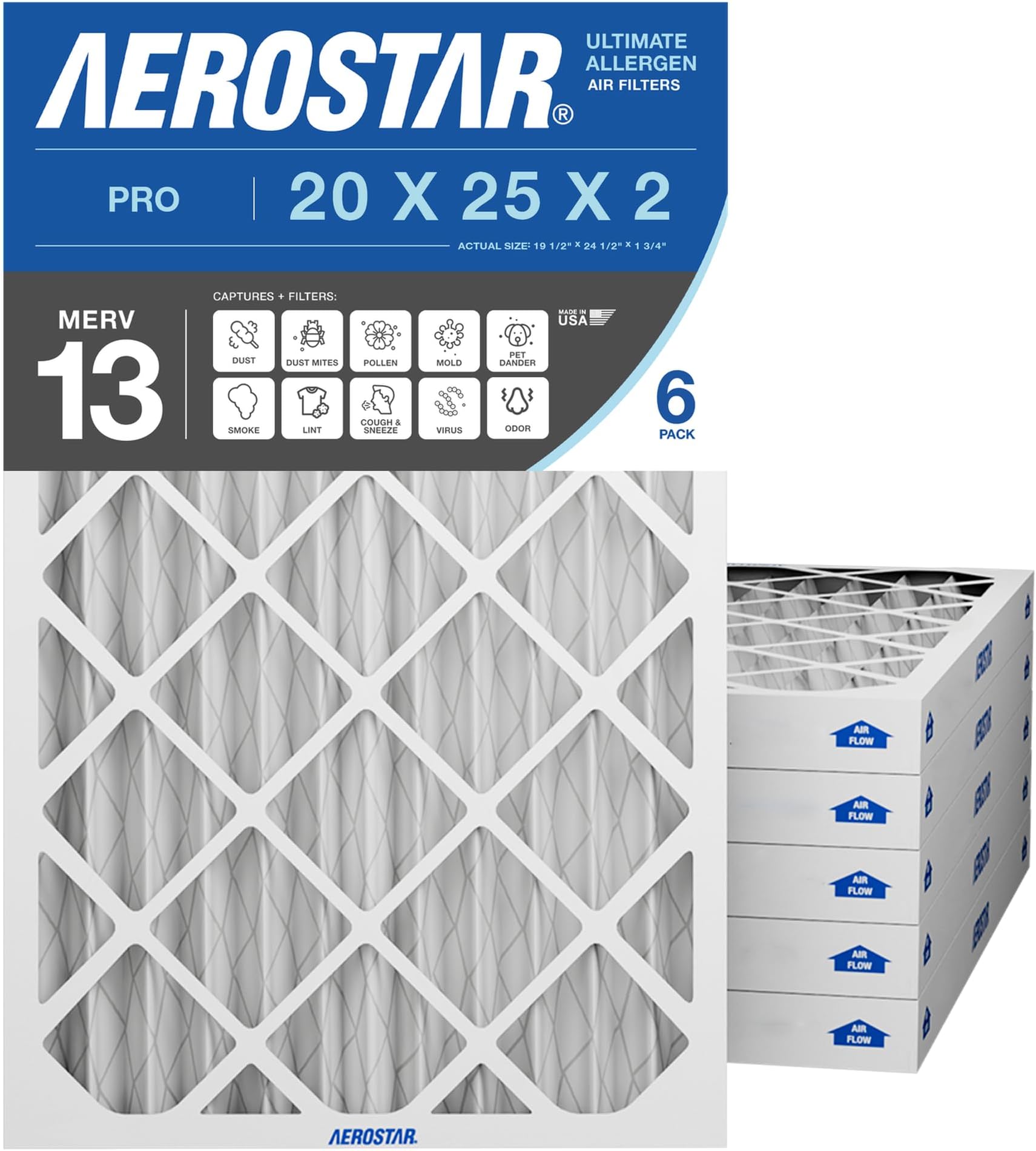 Aerostar 20x25x2 MERV 13 Pleated Air Filter, 6 Pack, AC Furnace Filters, HVAC Filter, Air Conditioner Filters, Heater Filters Replacement for Home (Actual Size: 19.5x24.5x1.75)