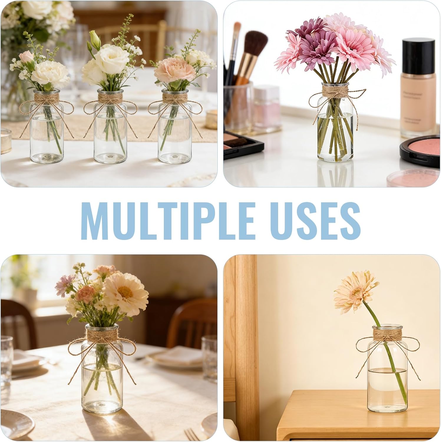 20 Pcs Plastic Bud Vases Bulk with Twines Rope, 5.5” Small Flower Vase for Table Centerpieces, Clear Mini Bottle Vase for Flower, Home Office Wedding Table Decorations