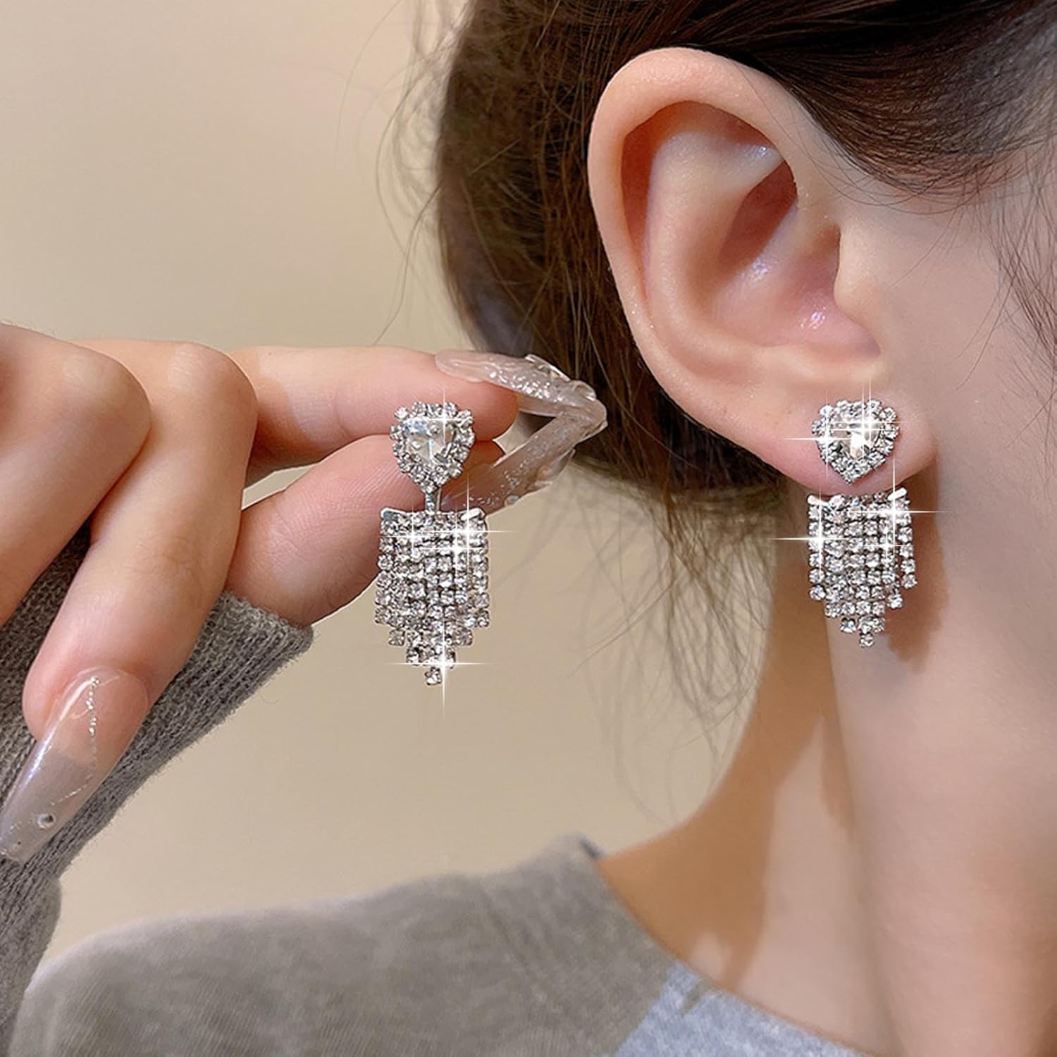 Vintage Rhinestone Chain Tassel Earrings Silver Tennis Chain Earrings Crystal Cz Heart Ear Jacket Earrings Wedding Crystal Chandelier Earrings Jewelry for Women - Image 7