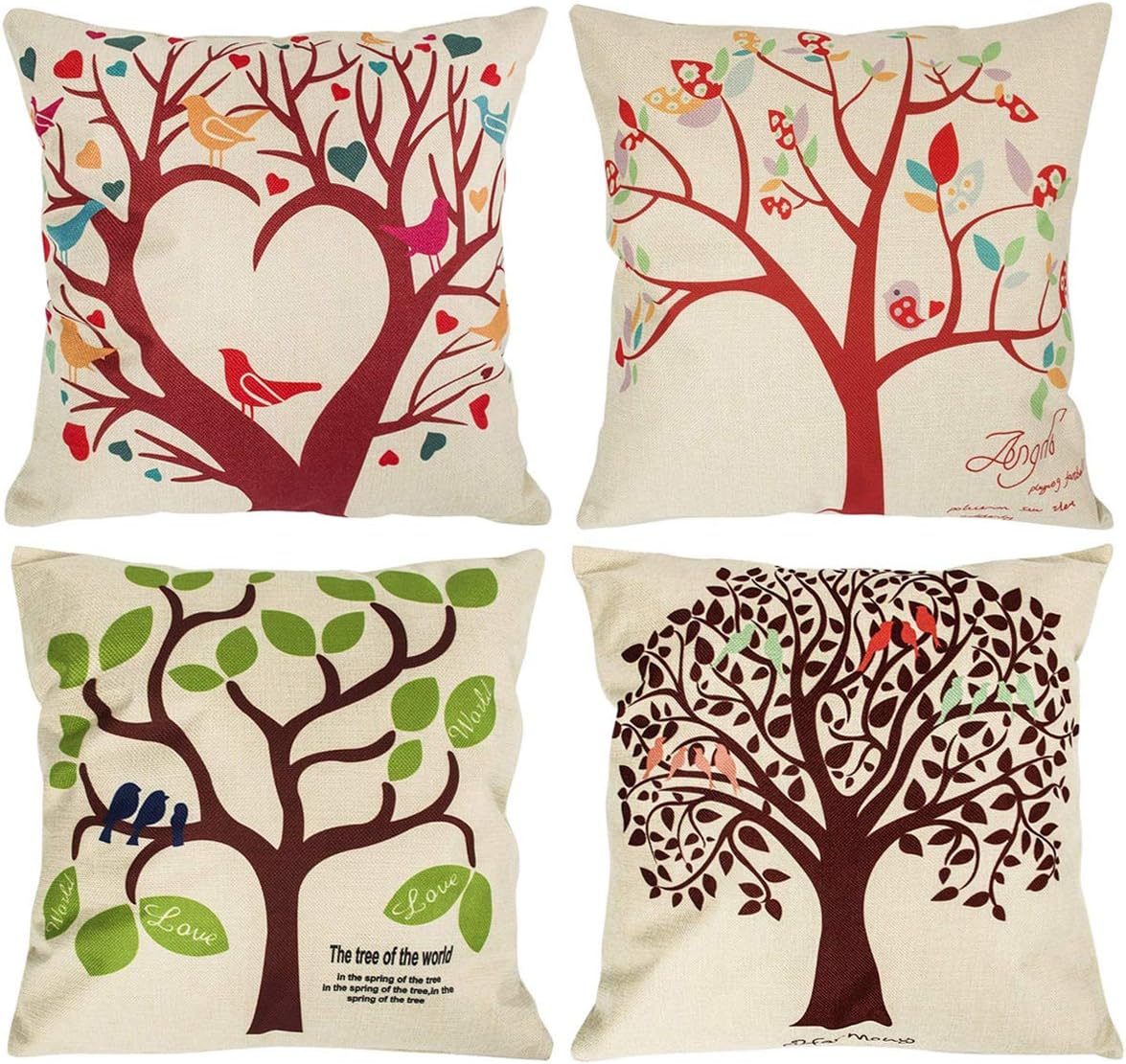 NYKKOLA Soild Linen Tree Theme Throw Pillow Covers Set of 4, Decorative Pillowcase Cushion Cover for Sofa Bedroom Car 18 x 18 Inch 45 x 45 cm (Style 05)