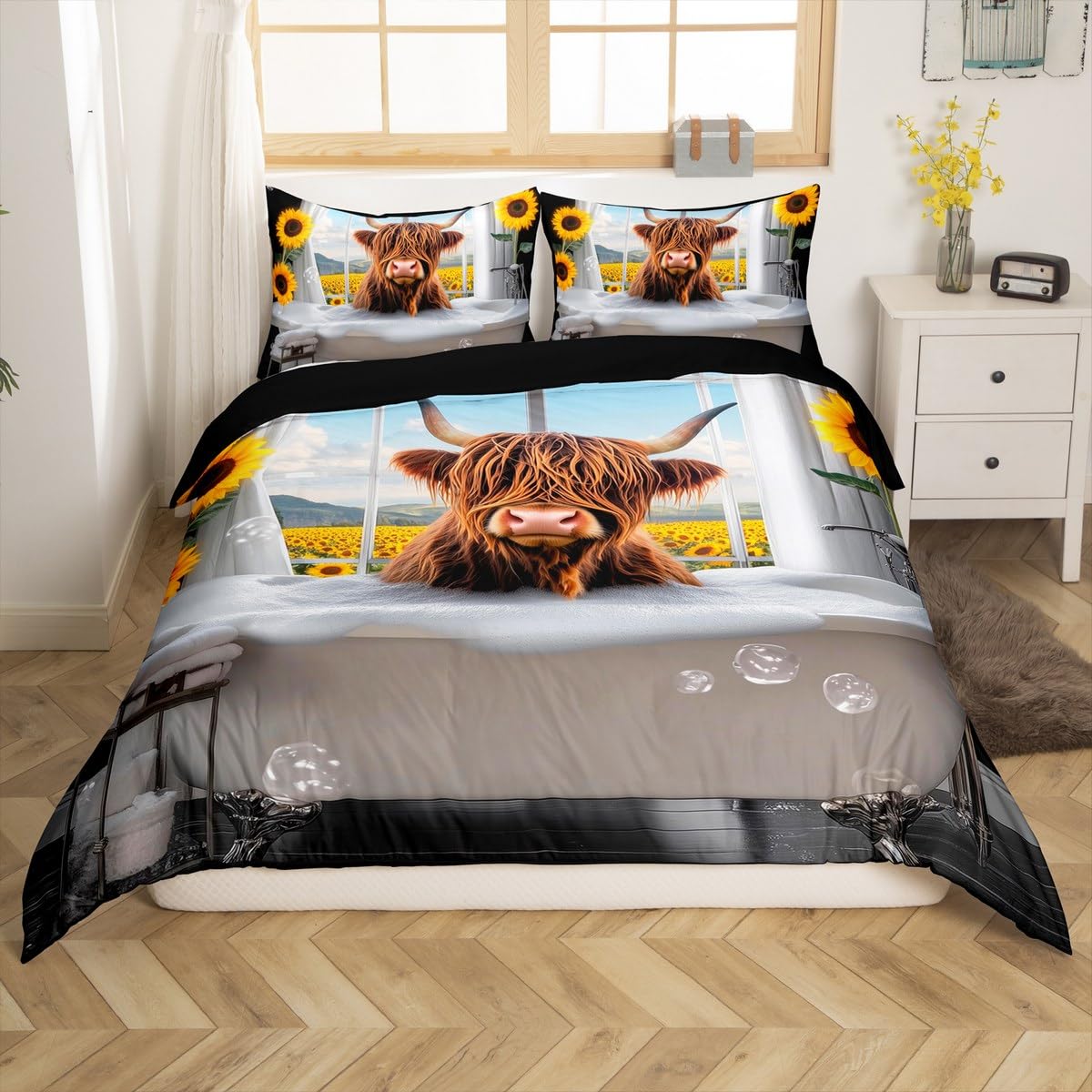 Homemissing Highland Cow Duvet Cover Set Cot Size For Kids Boys Girls Teens Highland Cow Bedding Set Yellow Flowers Pattern Comforter Cover with 1 Pillowcase โ image 1