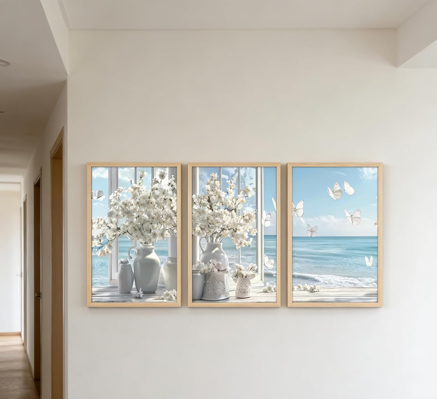 3Pcs Blue Coastal Canvas Wall Art Seaside Floral Painting Picture Wall Decor Farmhouse White and Butterfly Flowers Poster Print Artwork for iving Room Bedroom Bathroom Home Decoration