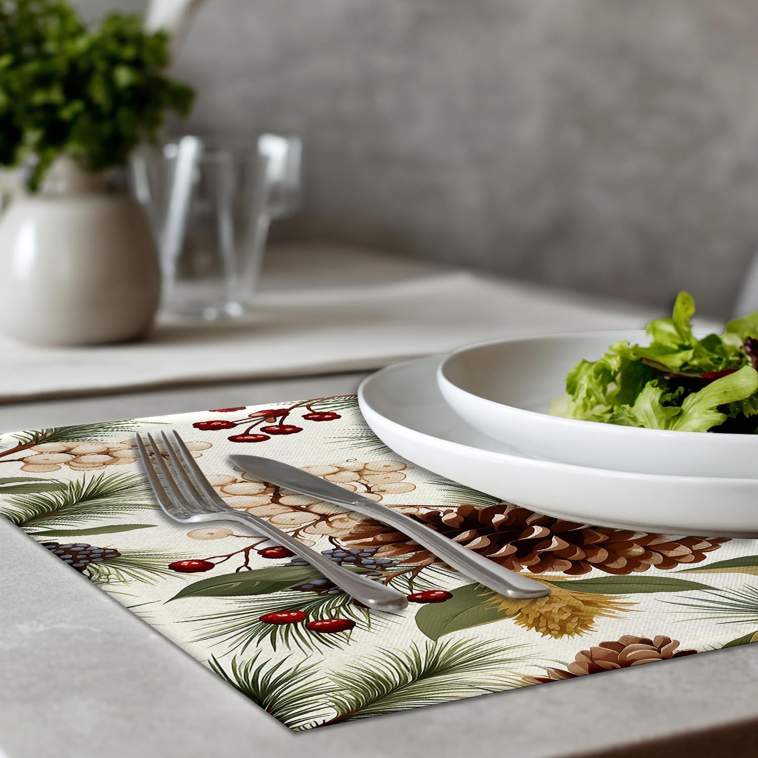 Pine Cone Leaves Linen Placemats, Red Berry Pine Needle Table Mats for Table Washable Heat Insulation Thick Dining Mat, Indoor/Outdoor 12X18 in 4 Pcs image 4