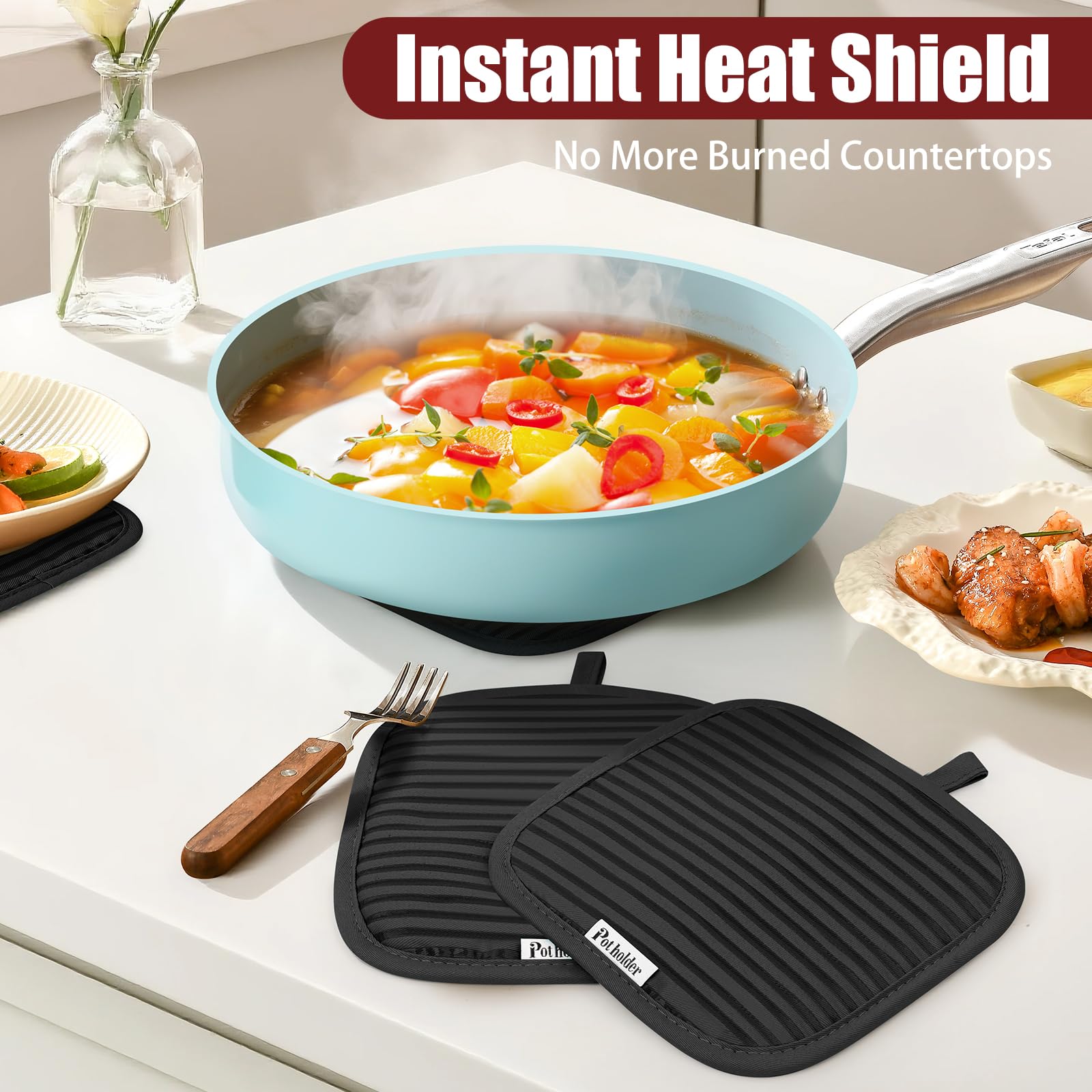 Set di guanti da forno e presine con impugnatura in silicone, resistenti al calore fino a 260 °C, confezione da 6 strofinacci/strofinacci per cucina, 100% cotone, essenziali per cucinare, cuocere al